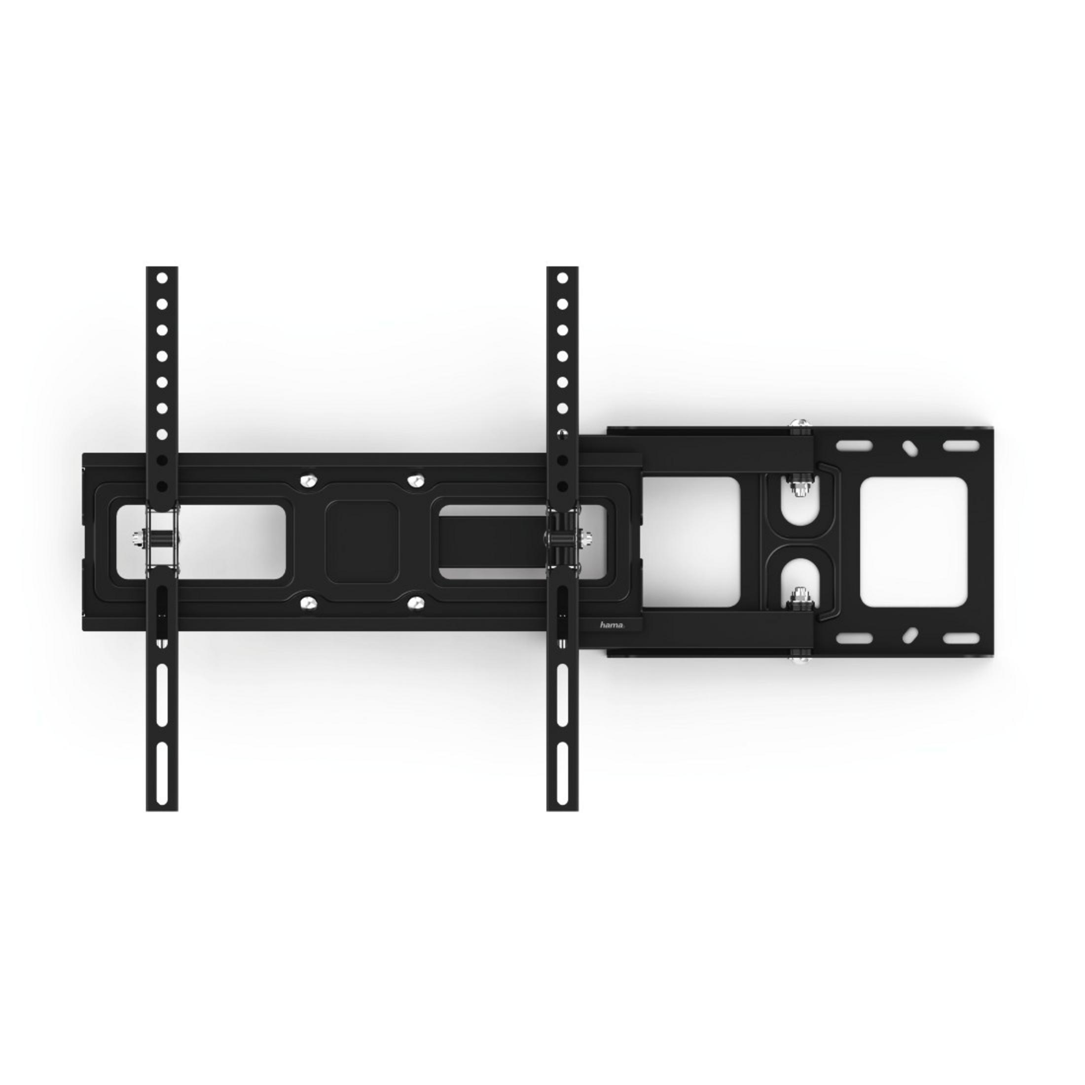 Schwarze TV-Wandhalterung. Hat zwei vertikale Schienen mit verstellbaren Schlitzen und eine horizontale Montageplatte.