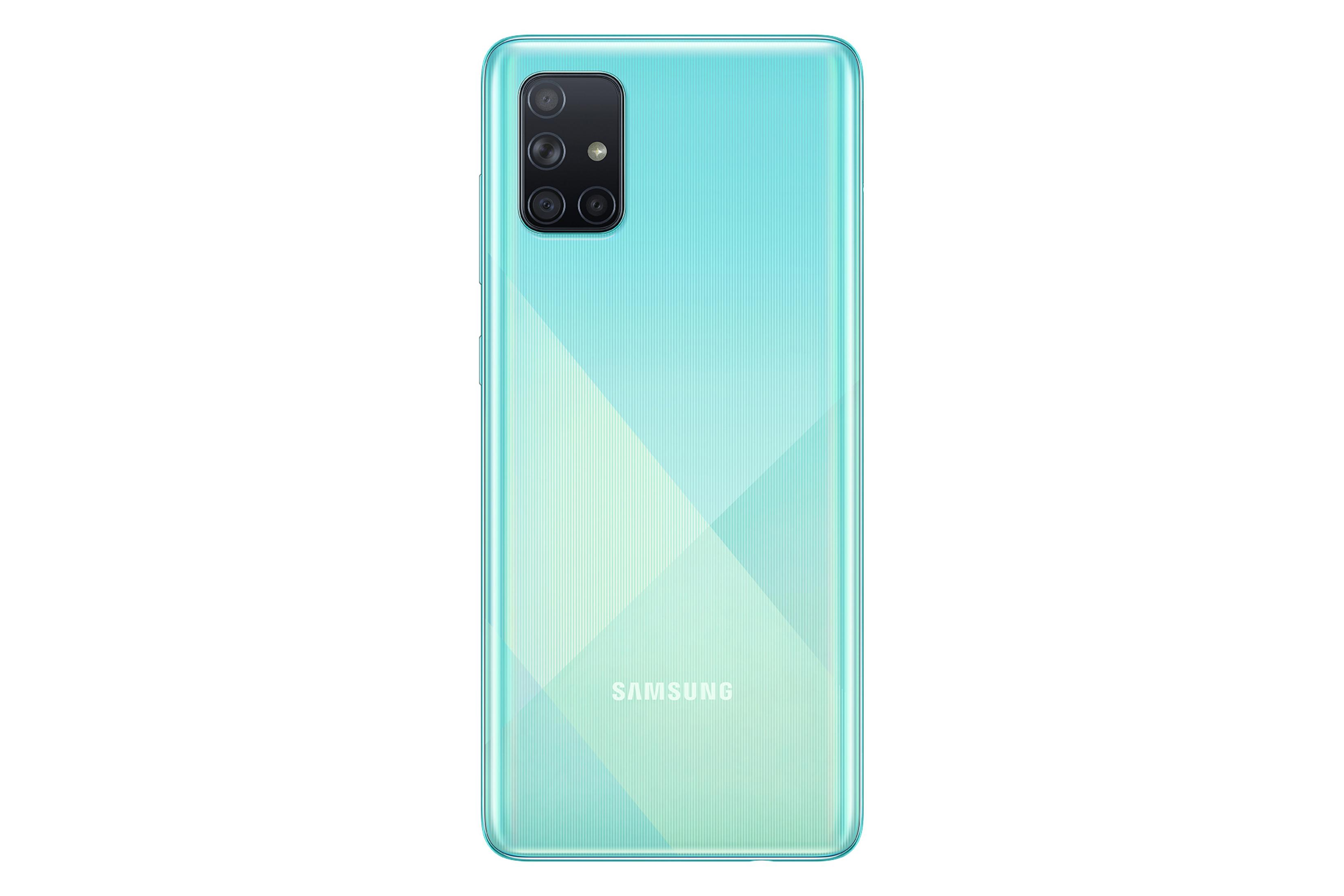 Türkisfarbenes Smartphone mit mehreren Kameras.