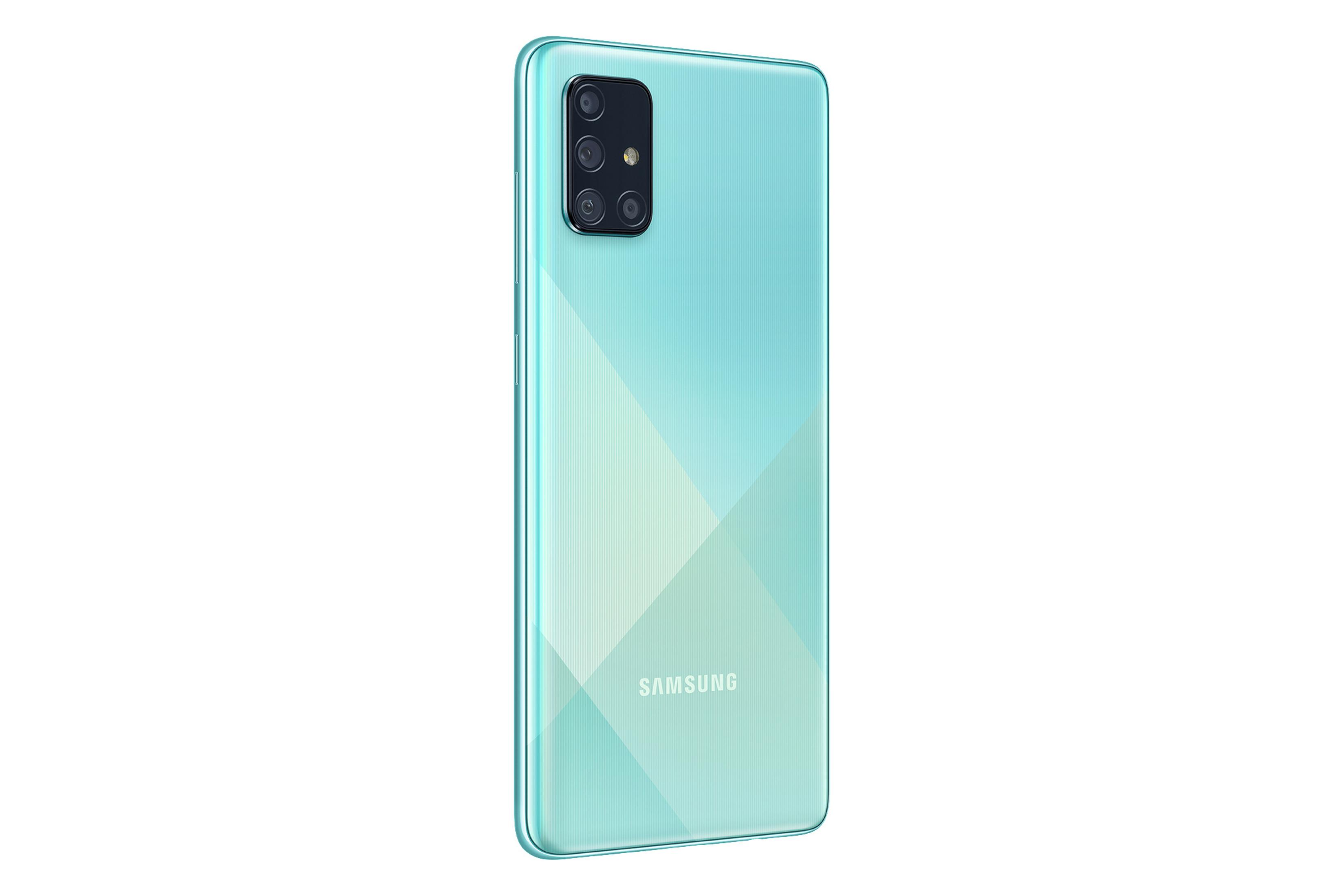 Türkisfarbenes Samsung-Telefon mit mehreren Kameras auf der Rückseite. Es ist auf weißem Hintergrund.