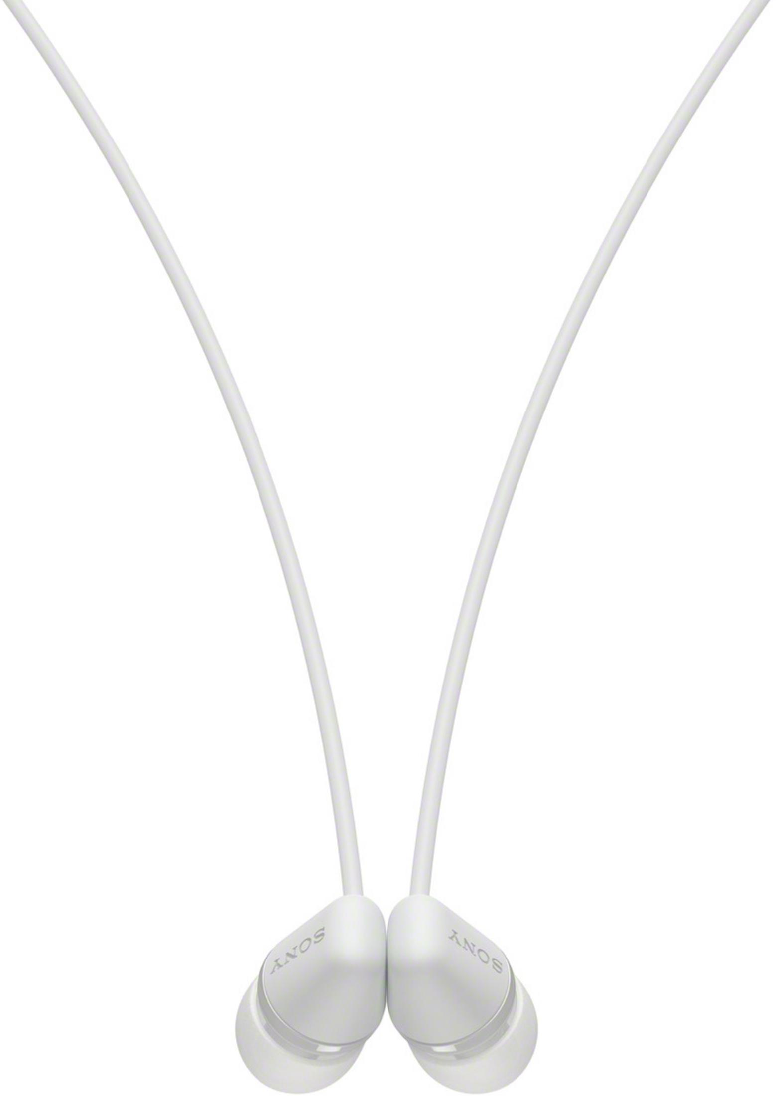 Auriculares Sony blancos con dos auriculares separados conectados por un cable blanco.