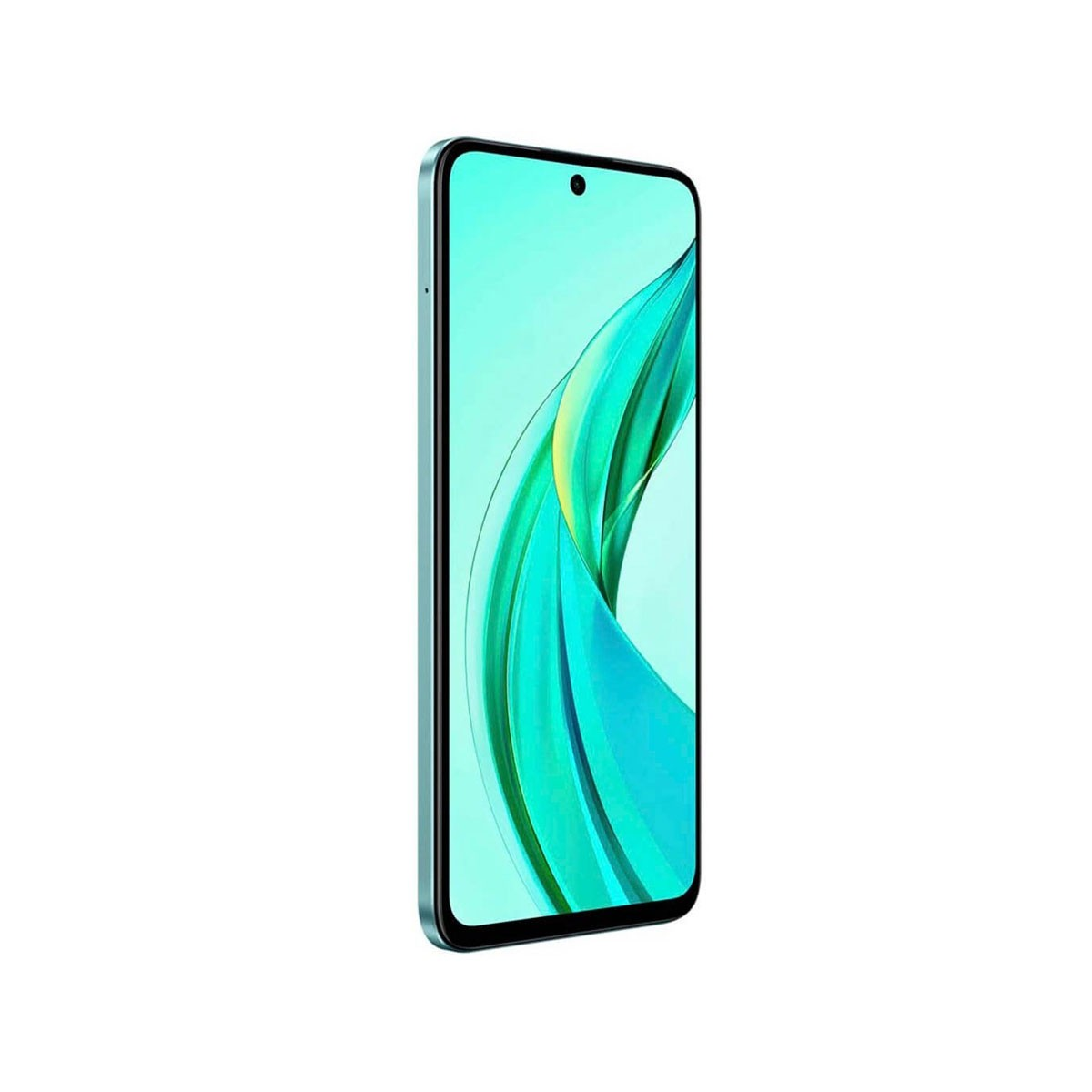 Un teléfono inteligente. El teléfono es verde azulado, con una pantalla curva y una sola cámara.