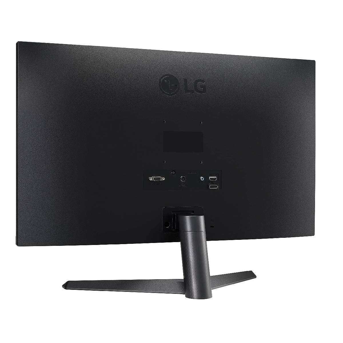 Retro di un monitor LG nero con porte e supporto, sfondo bianco.