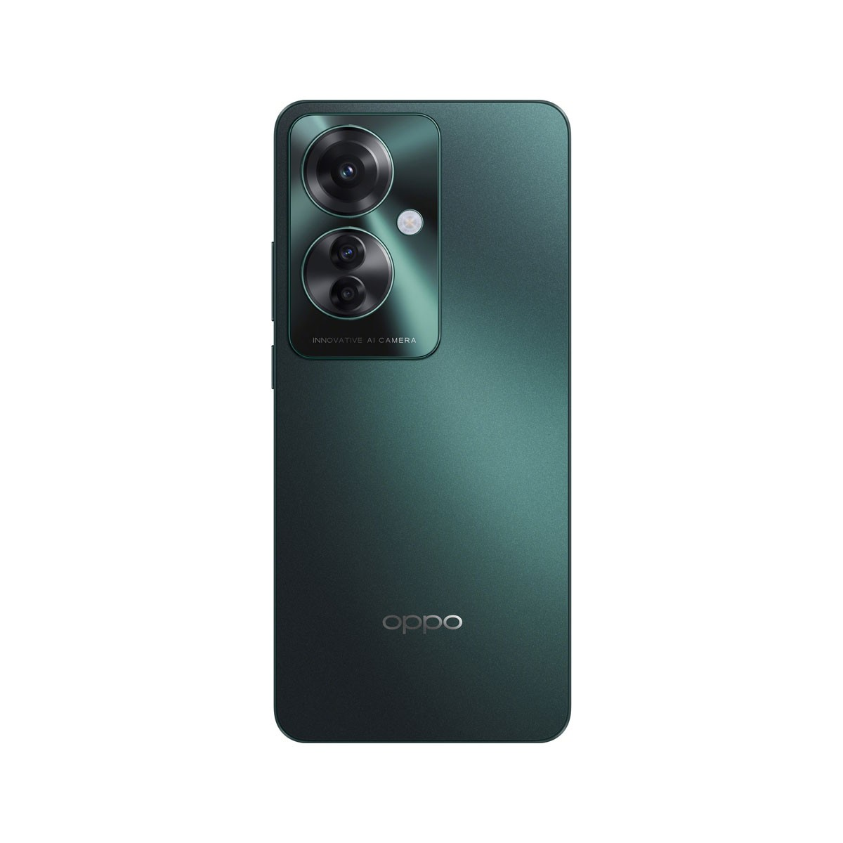 Tył zielonego telefonu Oppo z dwoma aparatami, na białym tle, z logo Oppo.