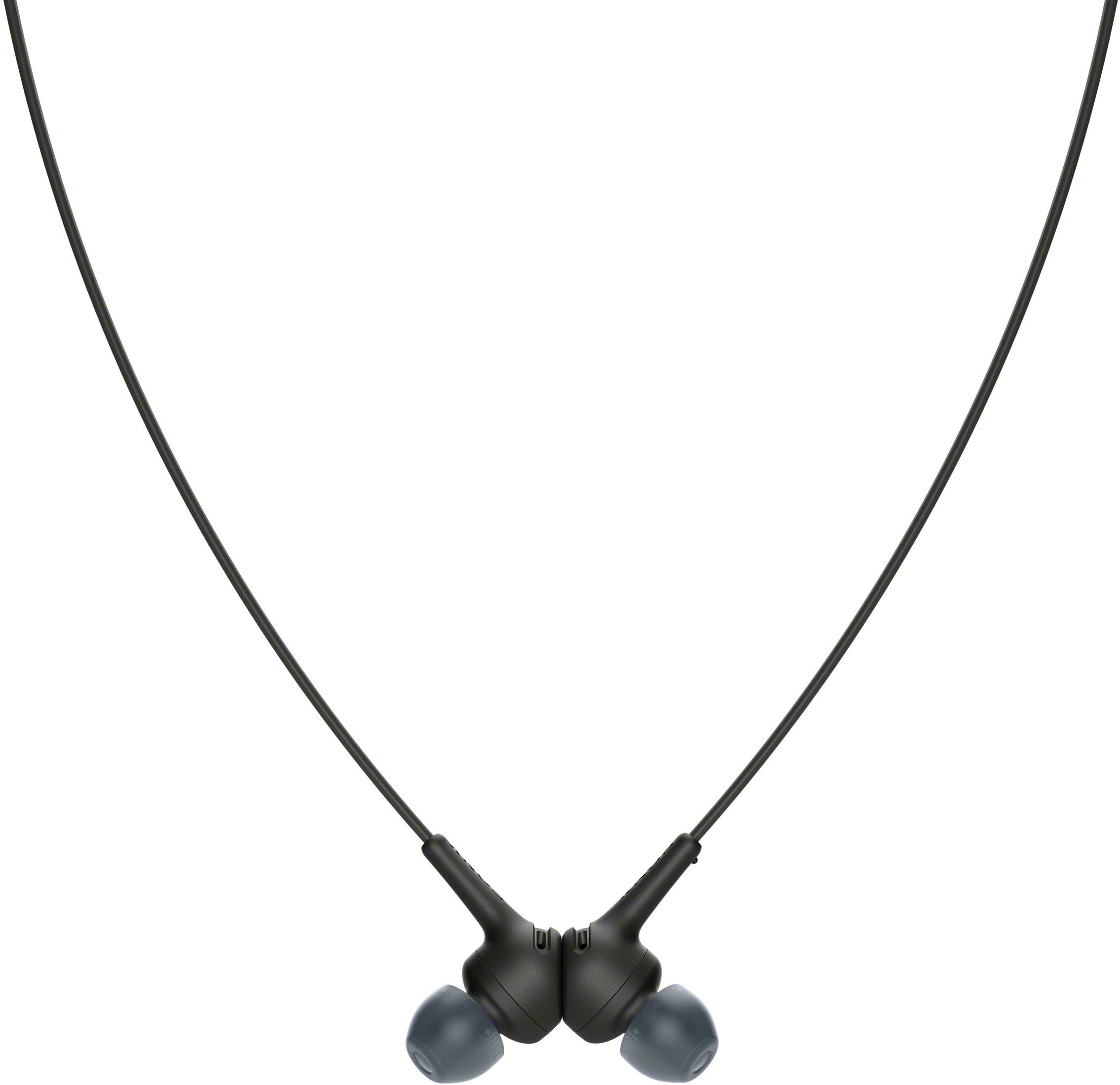 Czarne słuchawki douszne z kablem, który przechodzi wokół szyi.