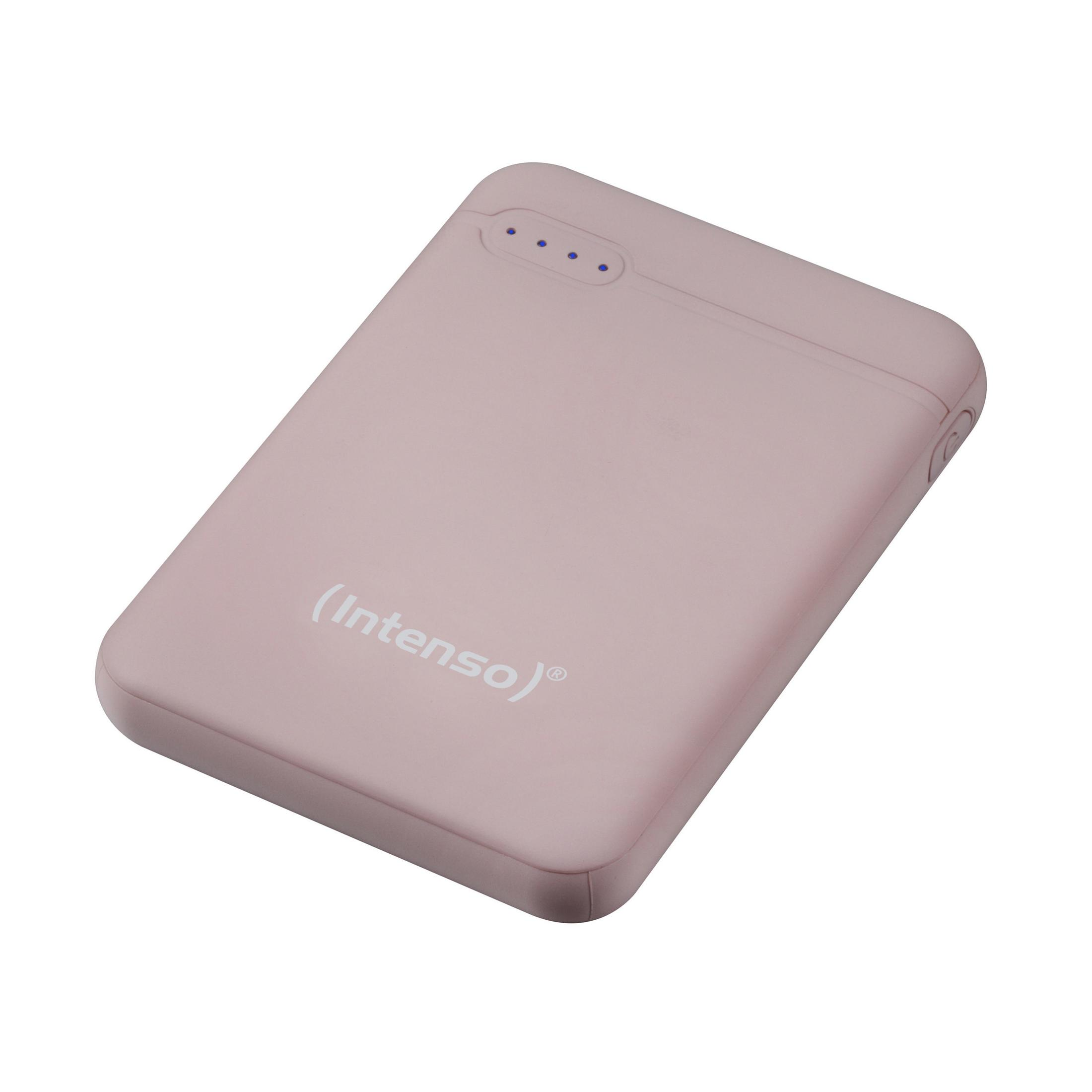 Eine pinkfarbene Powerbank mit der Marke (Intenso).
