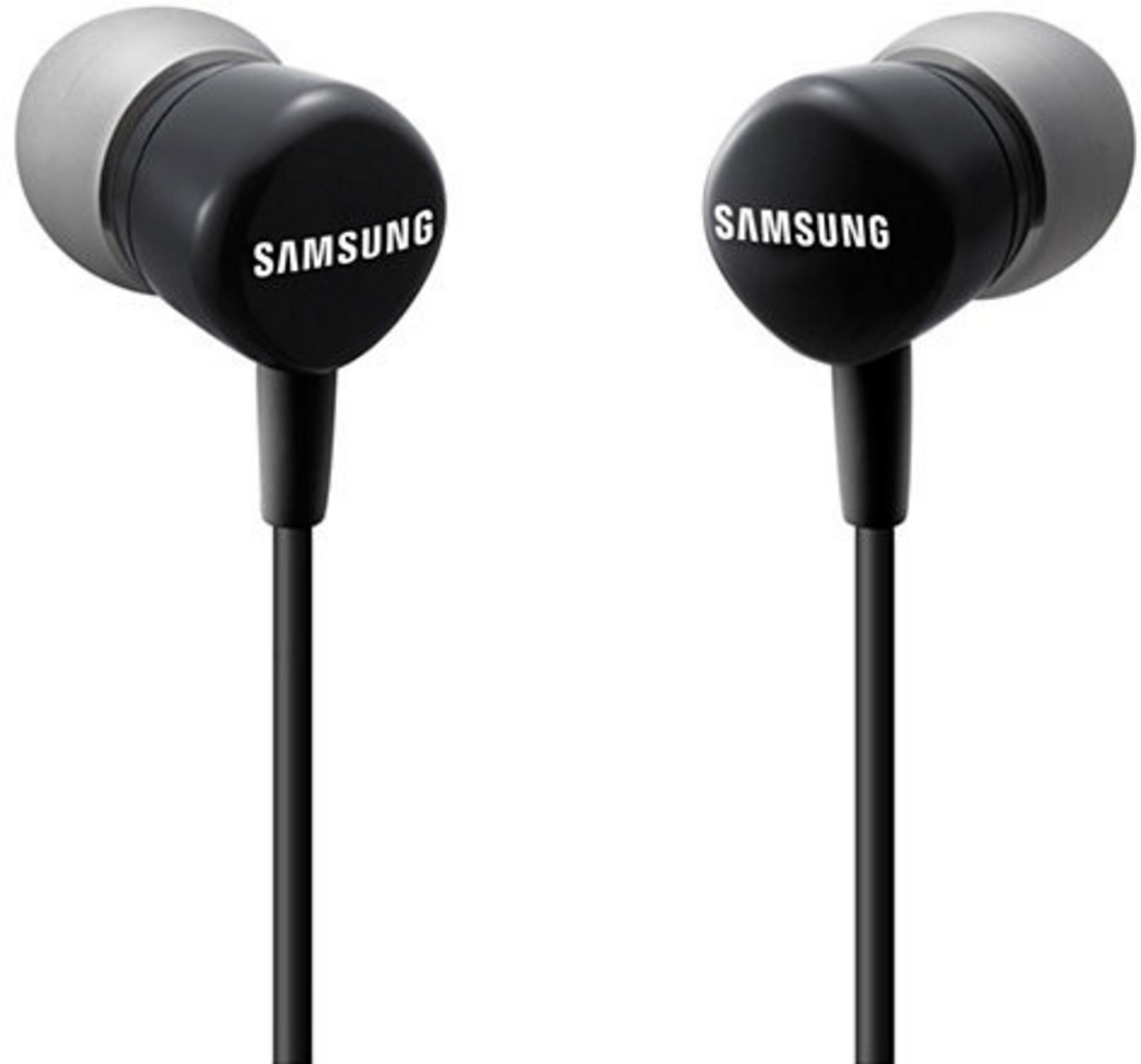Due auricolari Samsung neri con il nome del marchio visibile, collegati a un cavo nero.