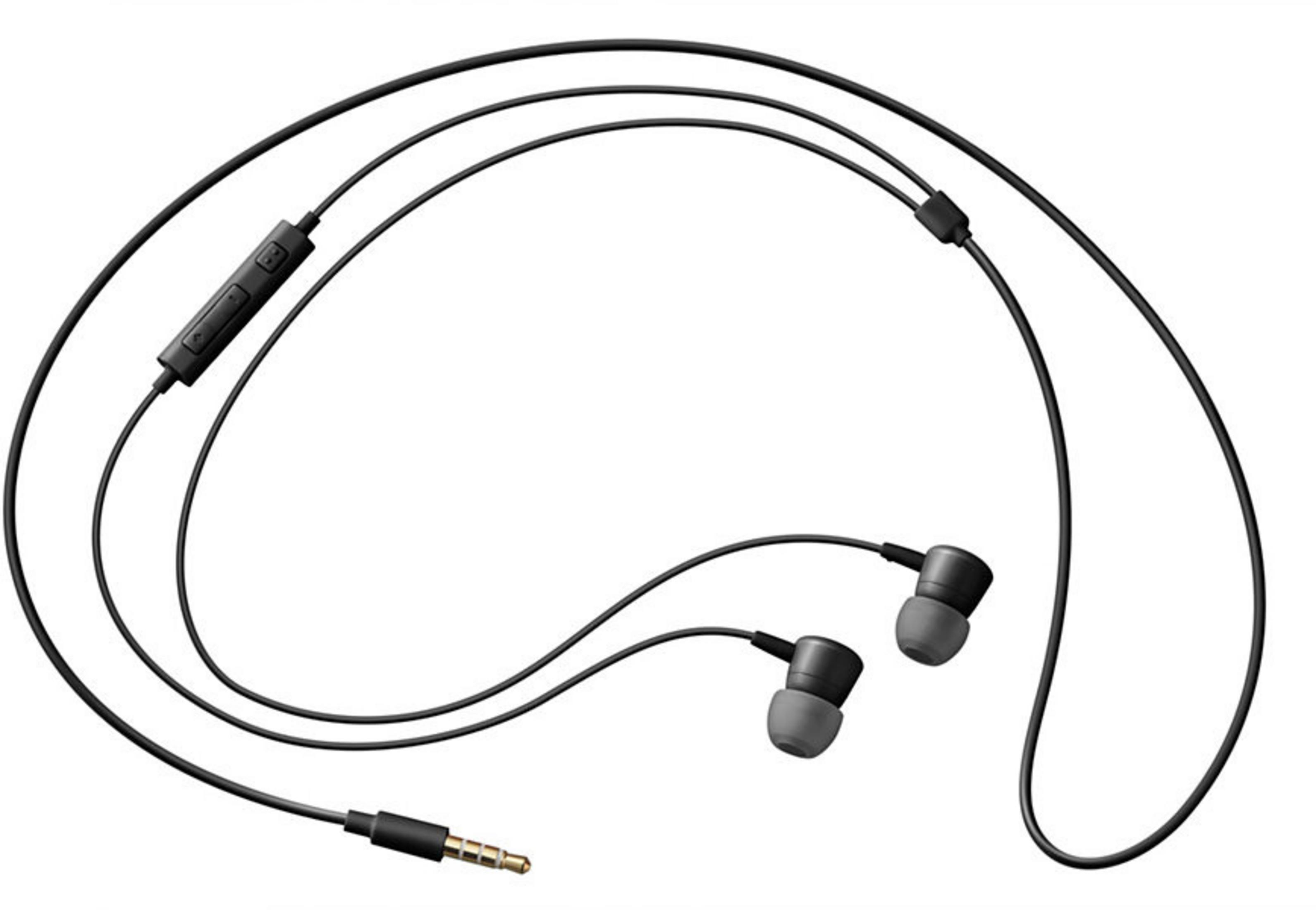 Cuffie in-ear nere con modulo di controllo e spina da 3,5 mm dorata.