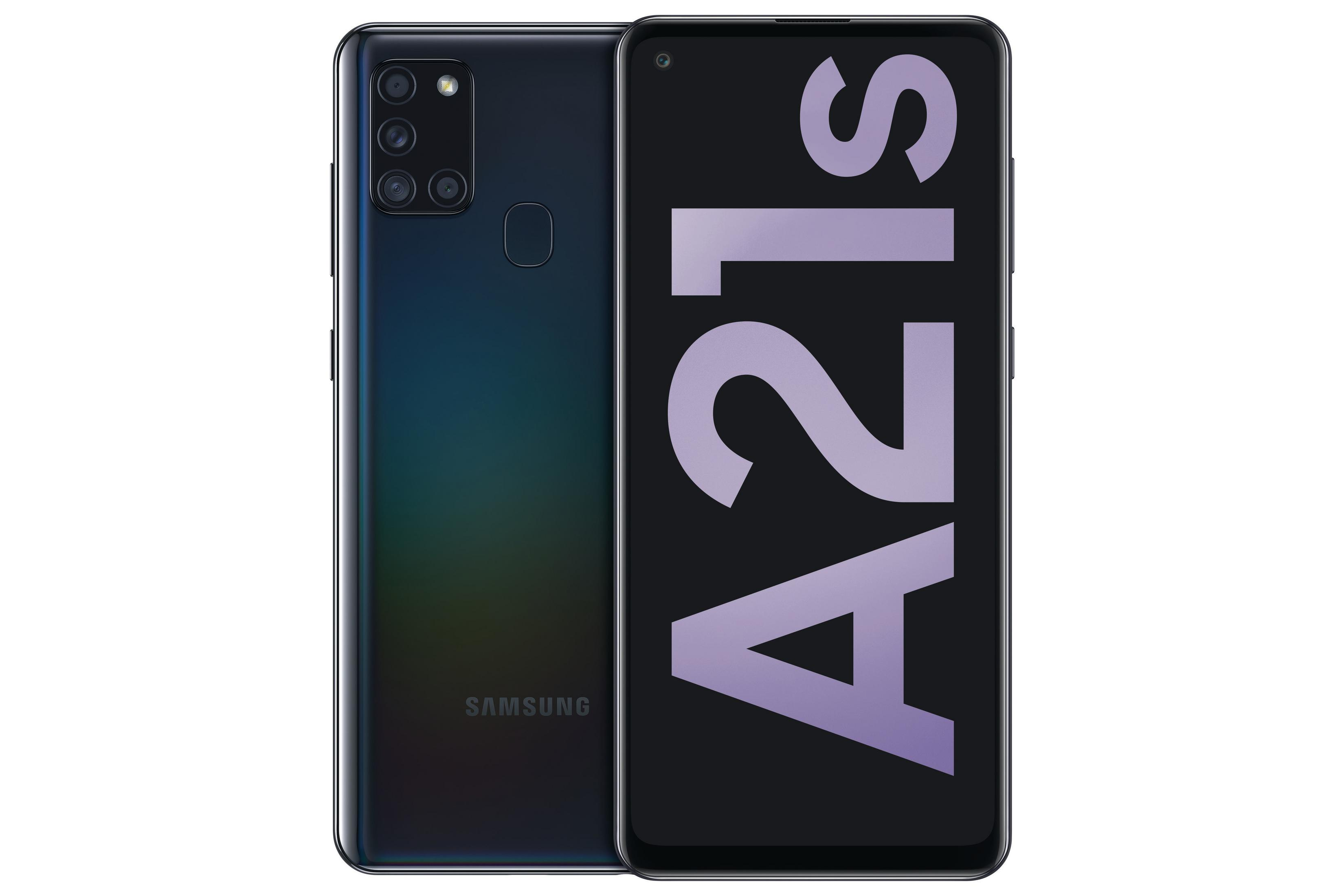 Ein schwarz-blaues Samsung Galaxy A21s Telefon, mit A21s-Text auf dem Bildschirm.