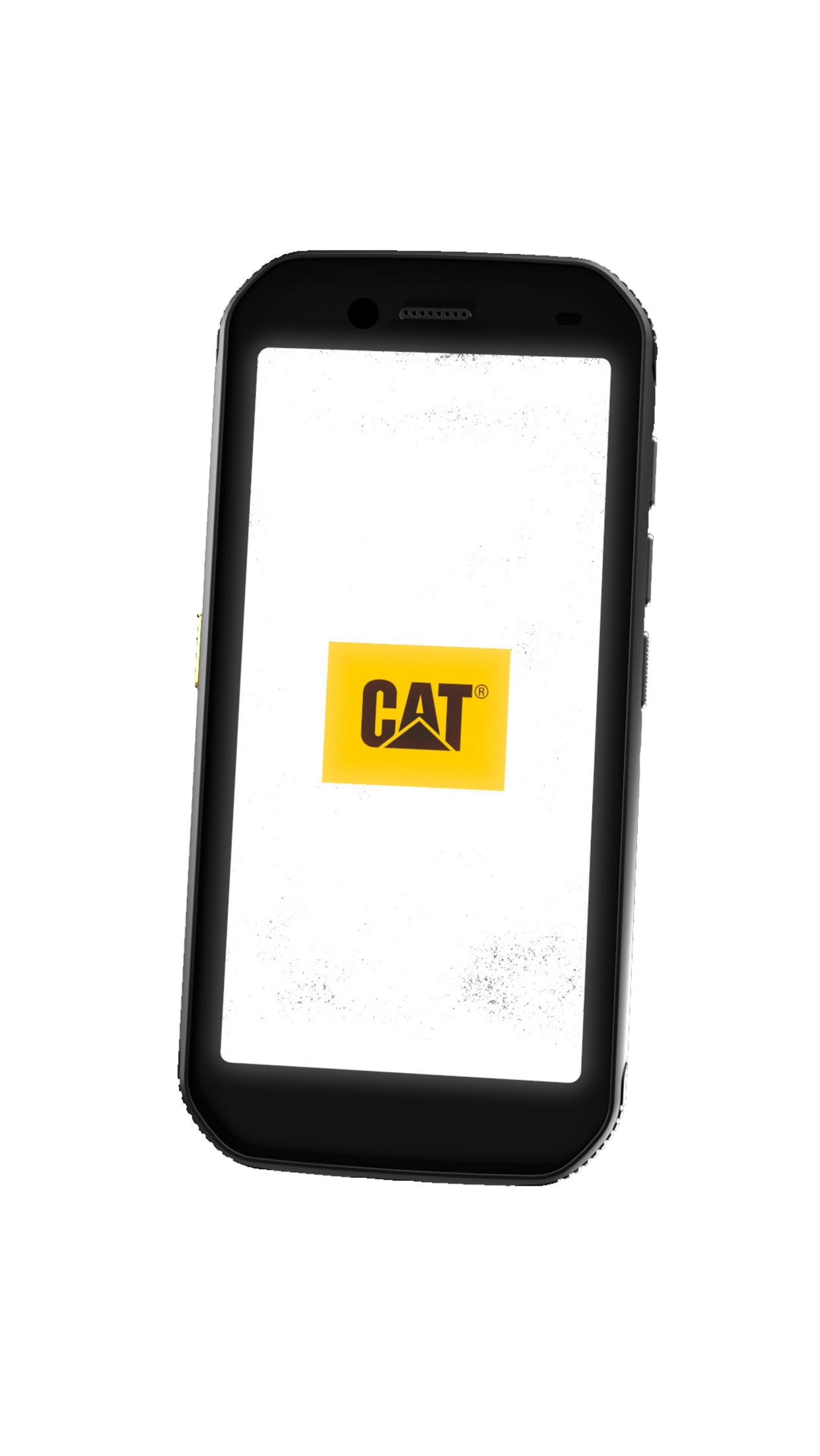 Zwarte smartphone met gele CAT-logo op wit scherm, geïsoleerd op witte achtergrond.