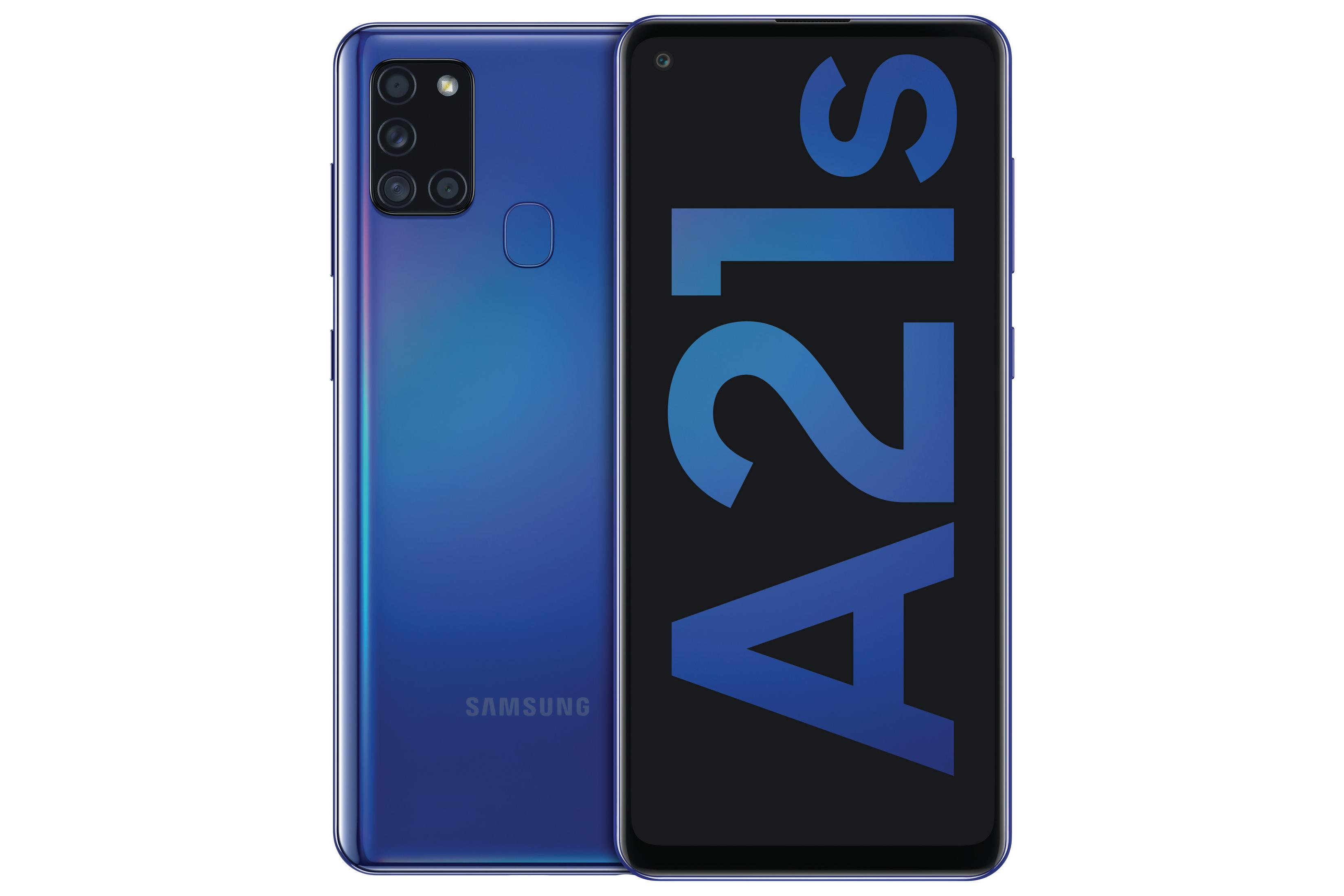Niebieski smartfon Samsung A21S, widok z tyłu i z przodu. Wyświetlacz pokazuje A21S.