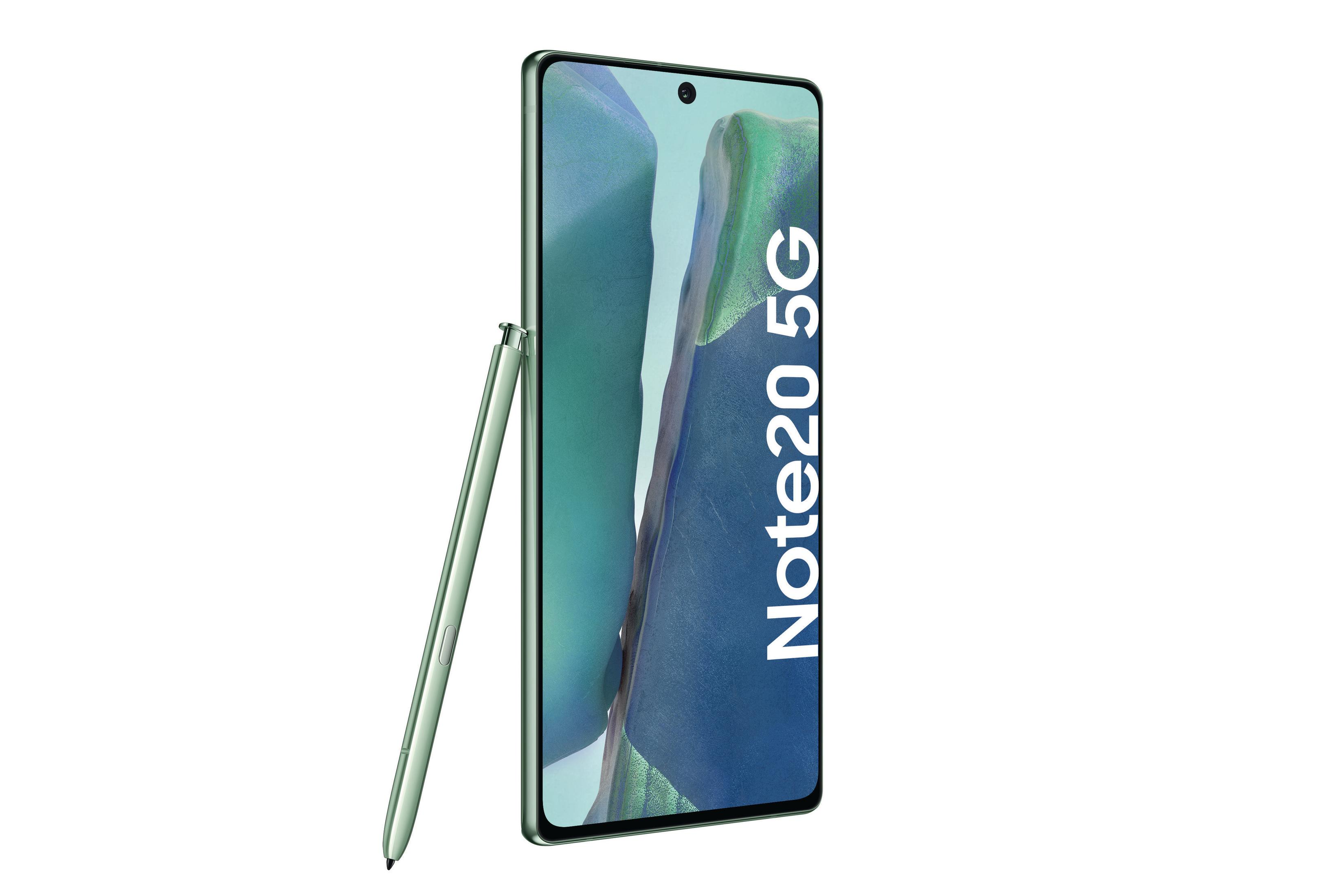 Zielony smartfon z rysikiem. Ekran ma tekst 'Note20 5G'.