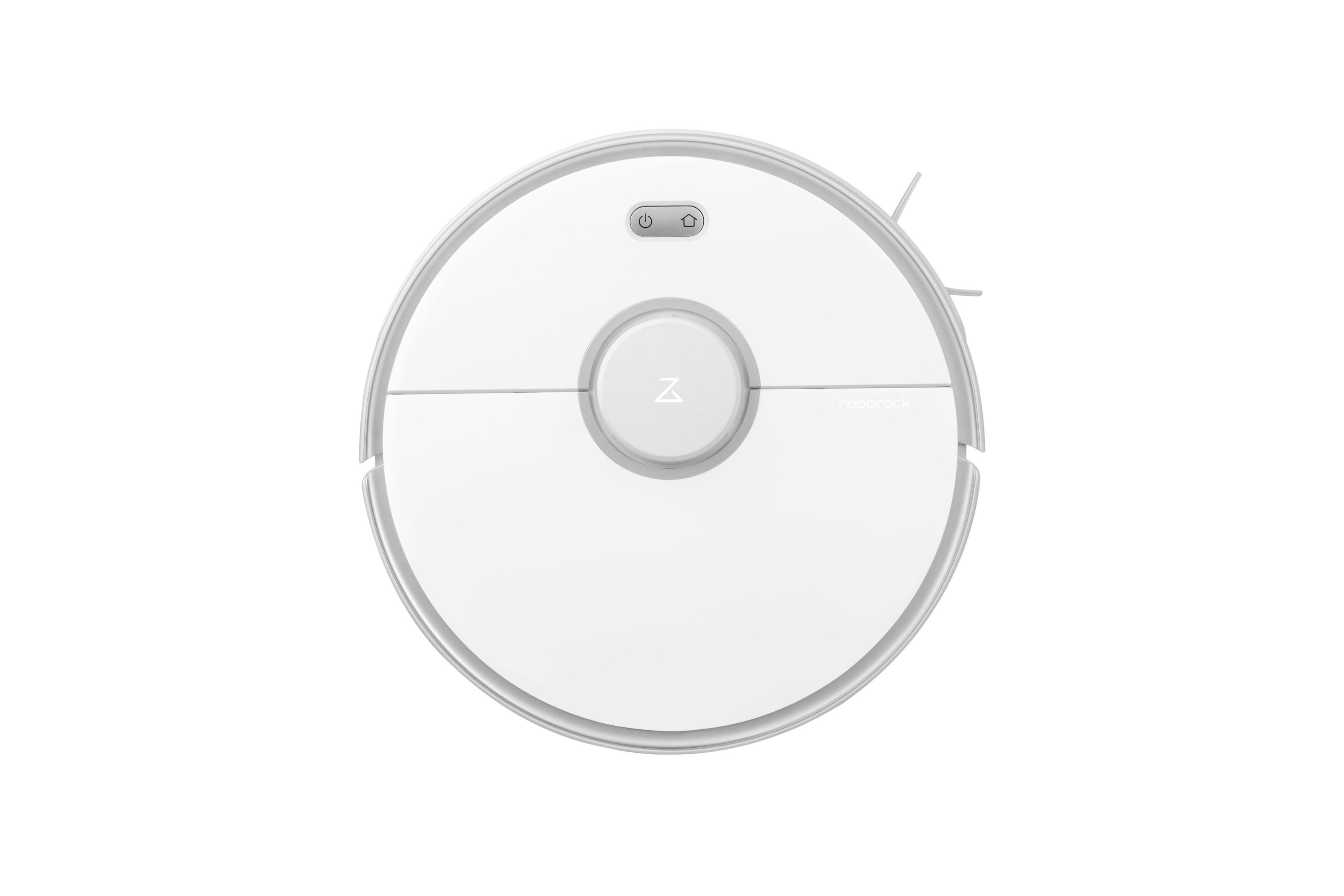 Weißer runder Roboter-Staubsauger mit zentralem Logo und Knöpfen.
