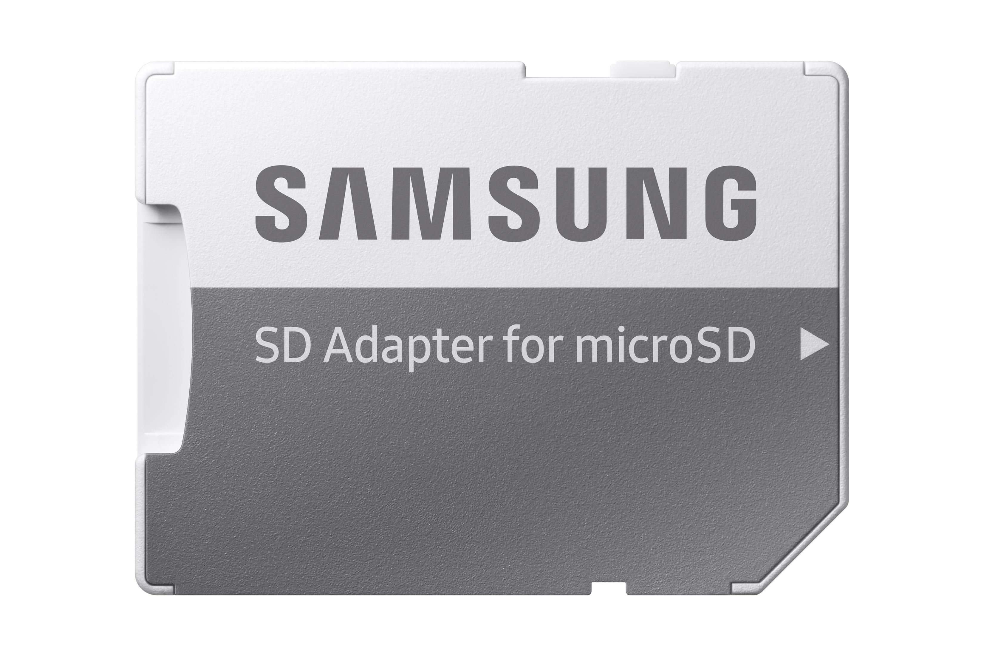 Biało-szara przejściówka SD do kart microSD, z wyraźnie widocznym logo Samsung.
