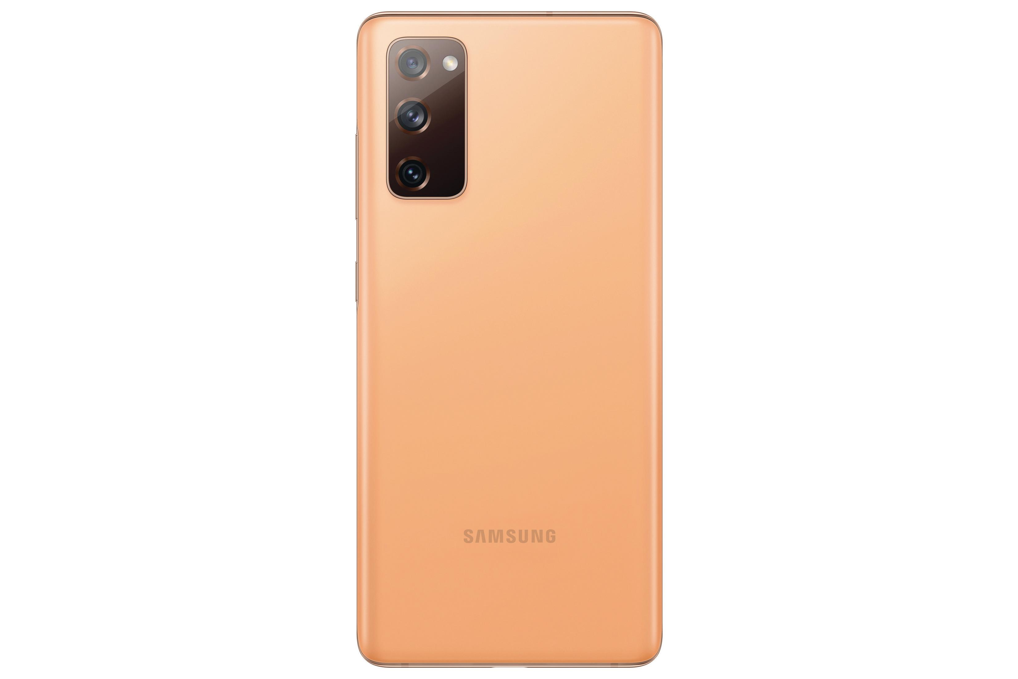 Ein pfirsichfarbenes Telefon mit drei Kameras auf der Rückseite und dem Samsung-Logo.