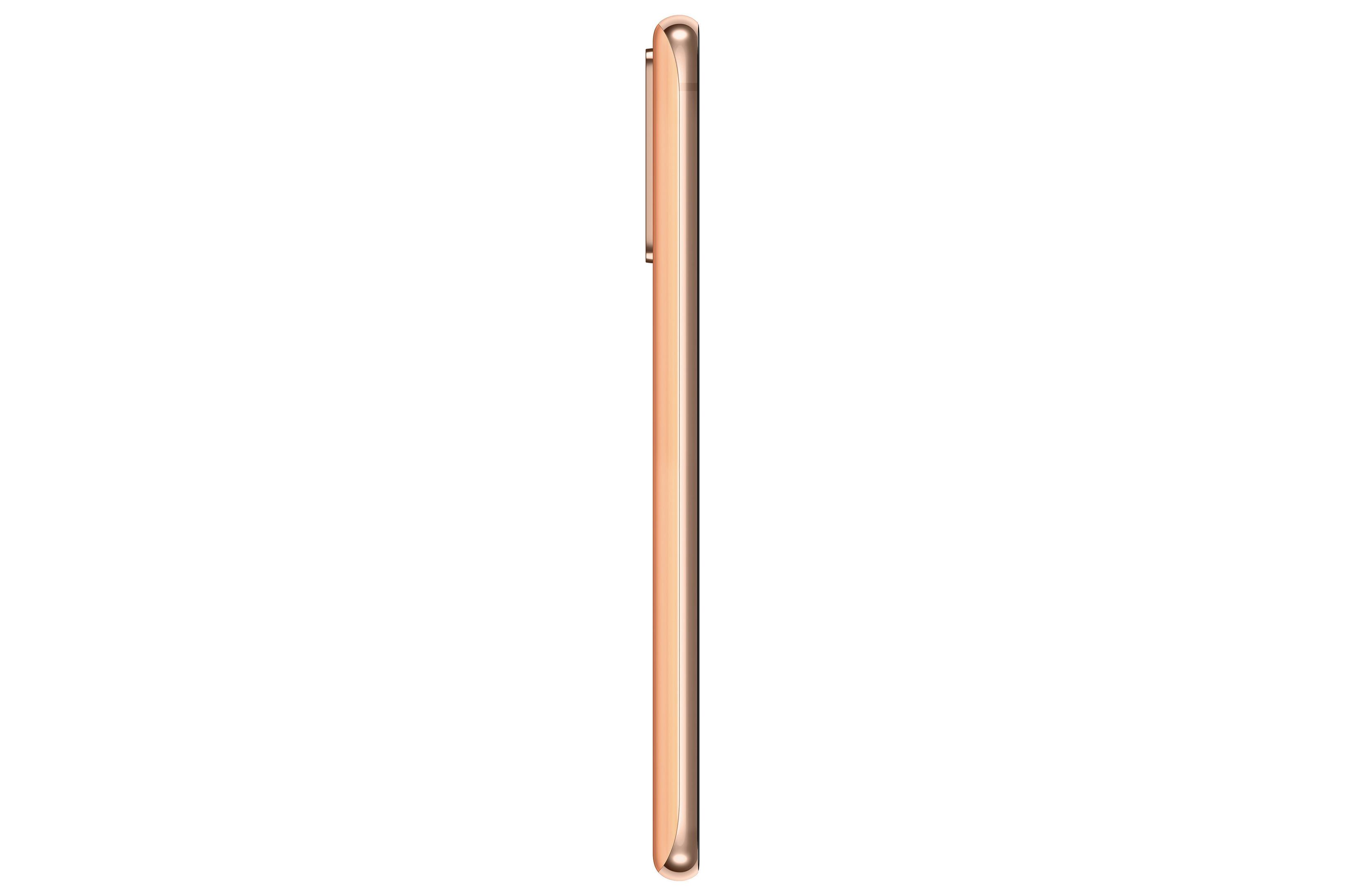 Seitenansicht eines roségoldenen Smartphones vor weißem Hintergrund, schlankes Profil.