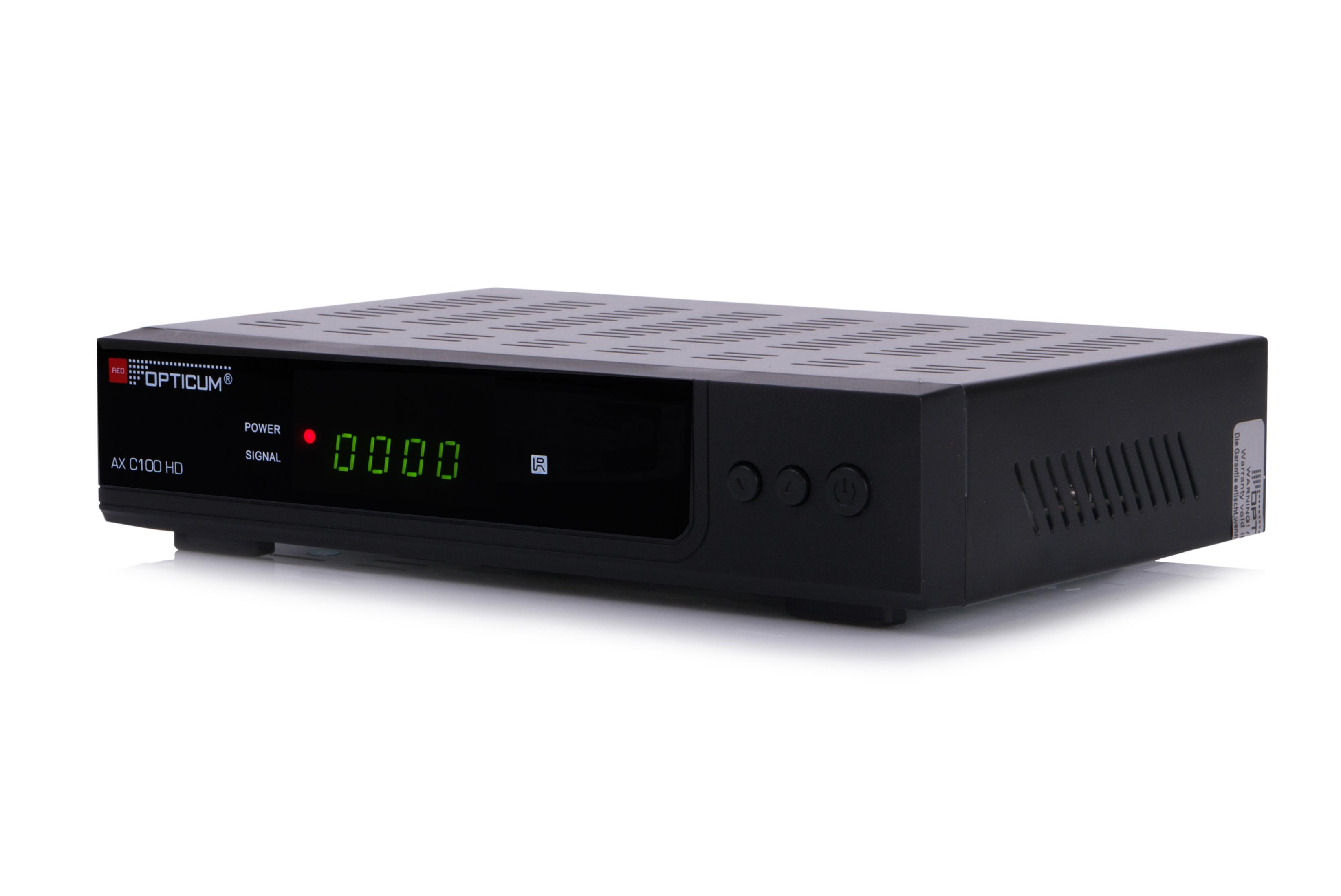 Schwarzer Digitalreceiver mit 'OPTICUM'-Marke, grüner Anzeige und Knöpfen.