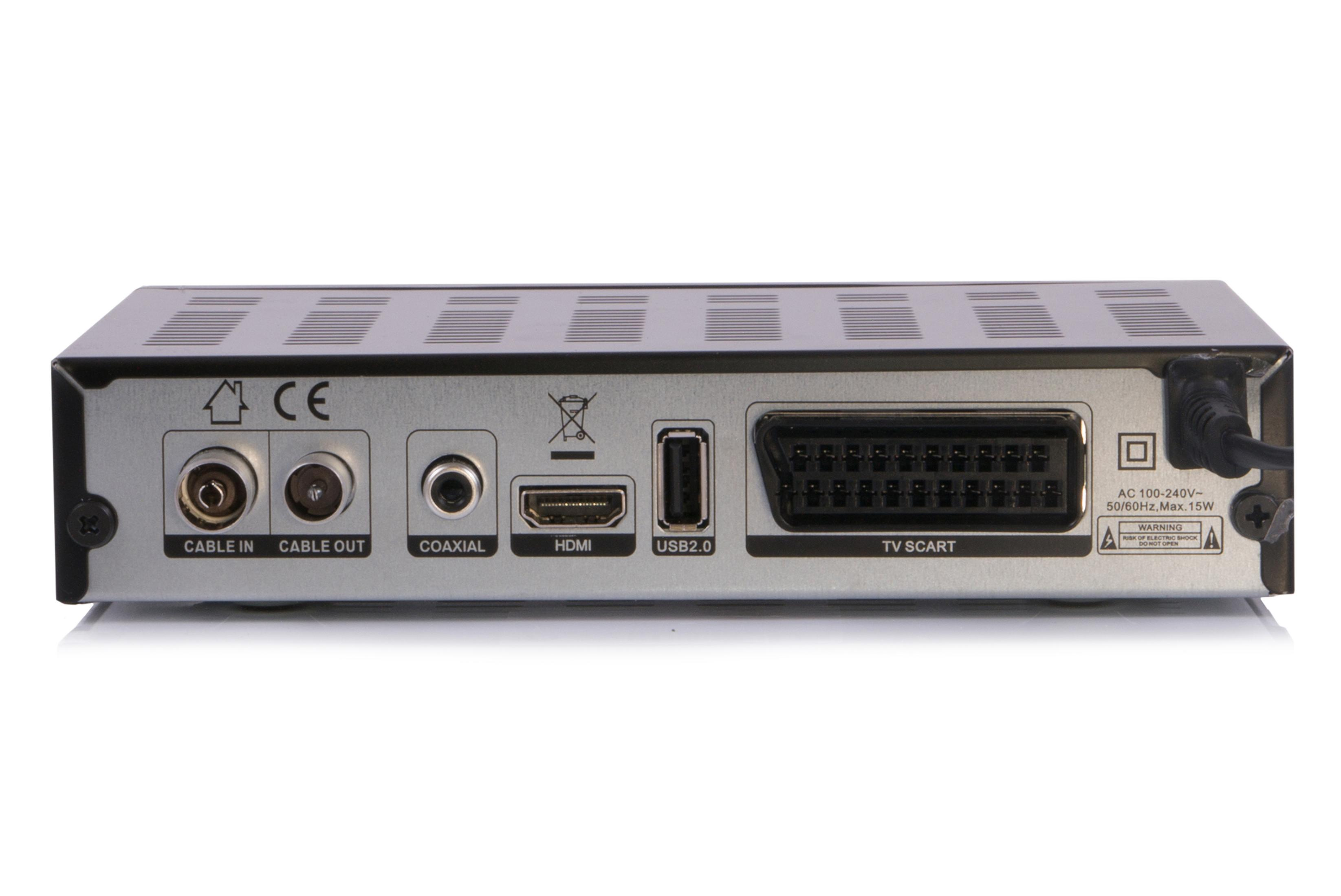 Rückseite eines schwarzen TV-Receivers mit verschiedenen Anschlüssen, auf weißem Grund.