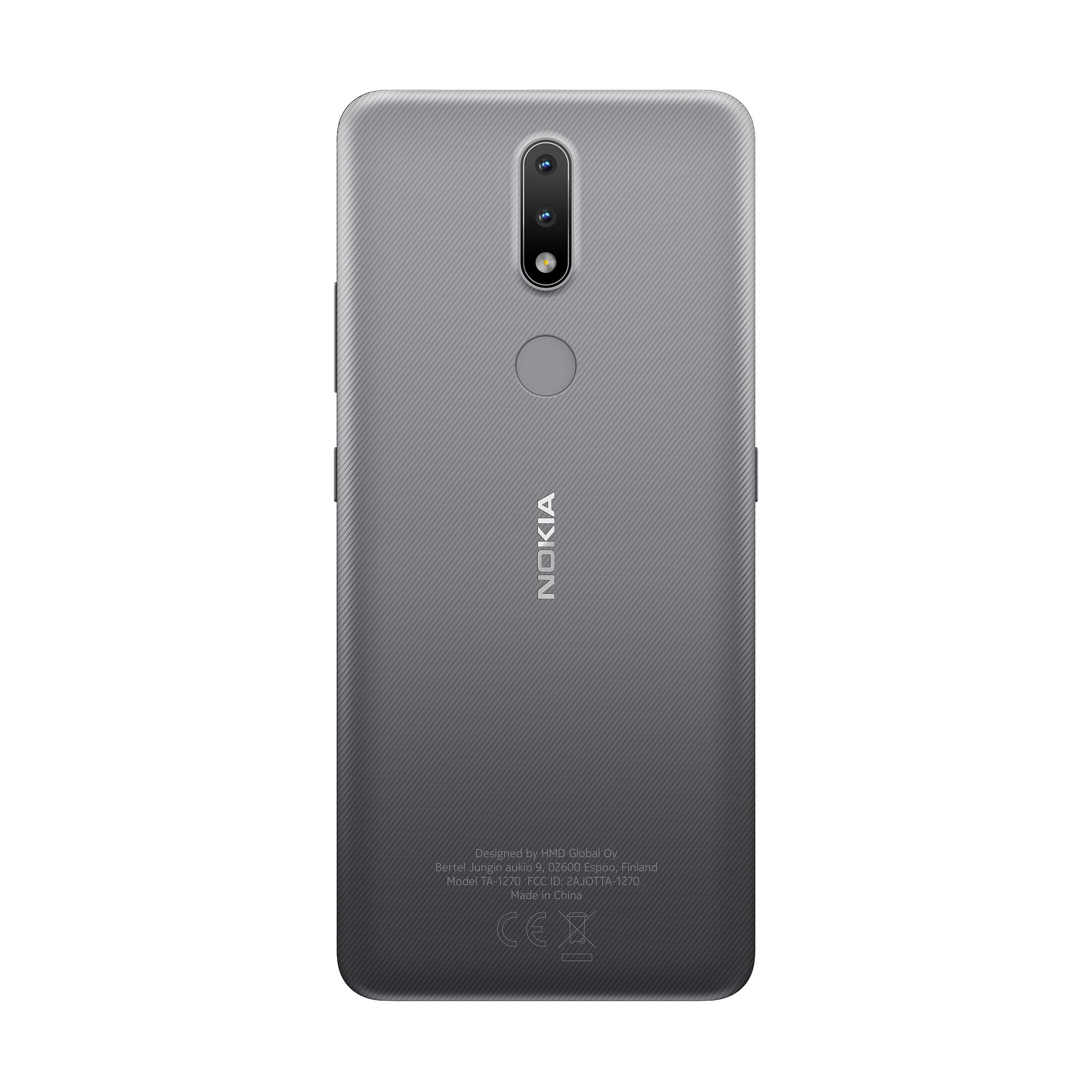 Tył szarego smartfona Nokia z dwoma aparatami. Telefon ma logo Nokia i tekst na dole.