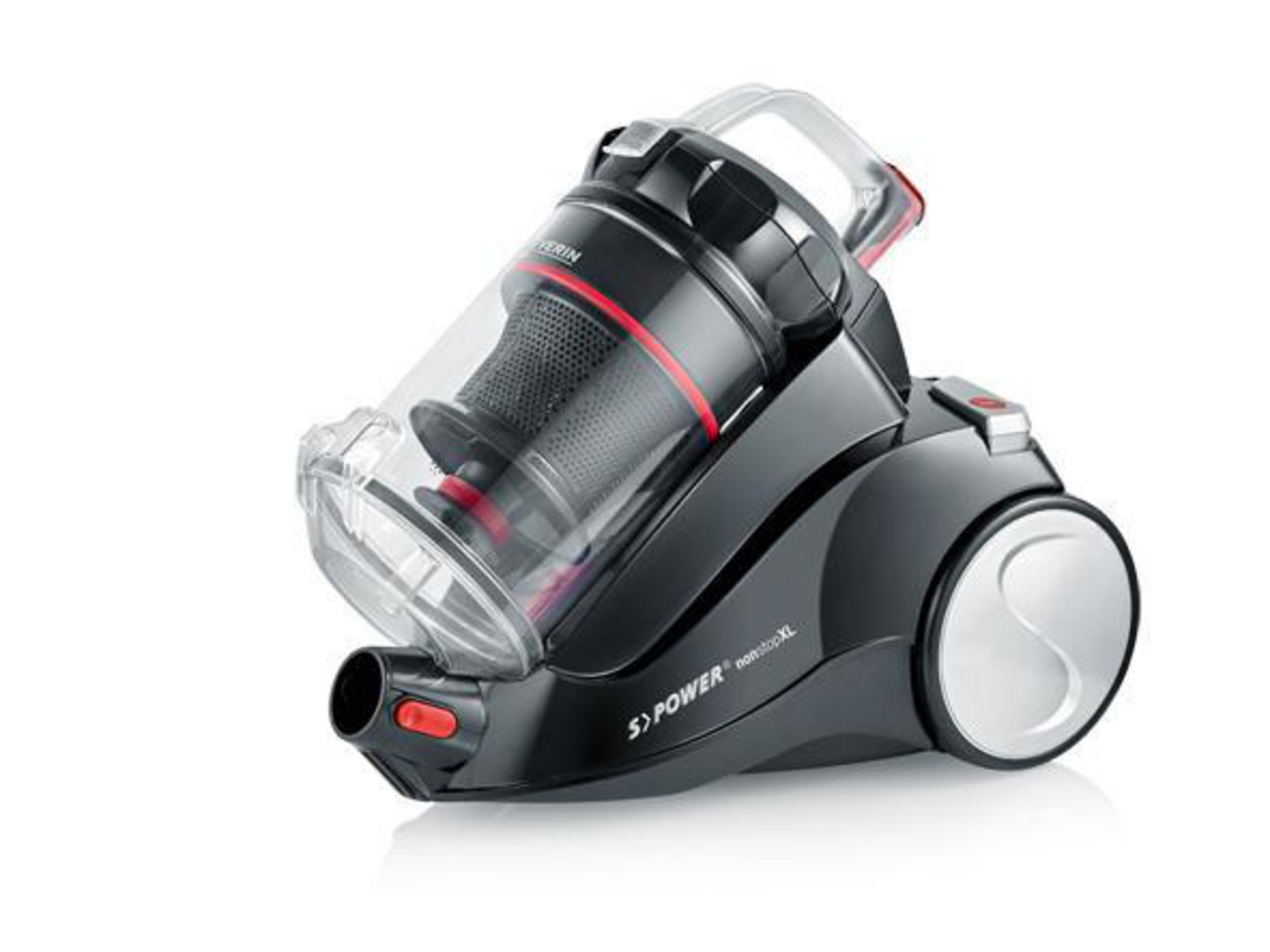 Czarny odkurzacz z przezroczystym pojemnikiem na kurz i czerwonymi akcentami na białej powierzchni.