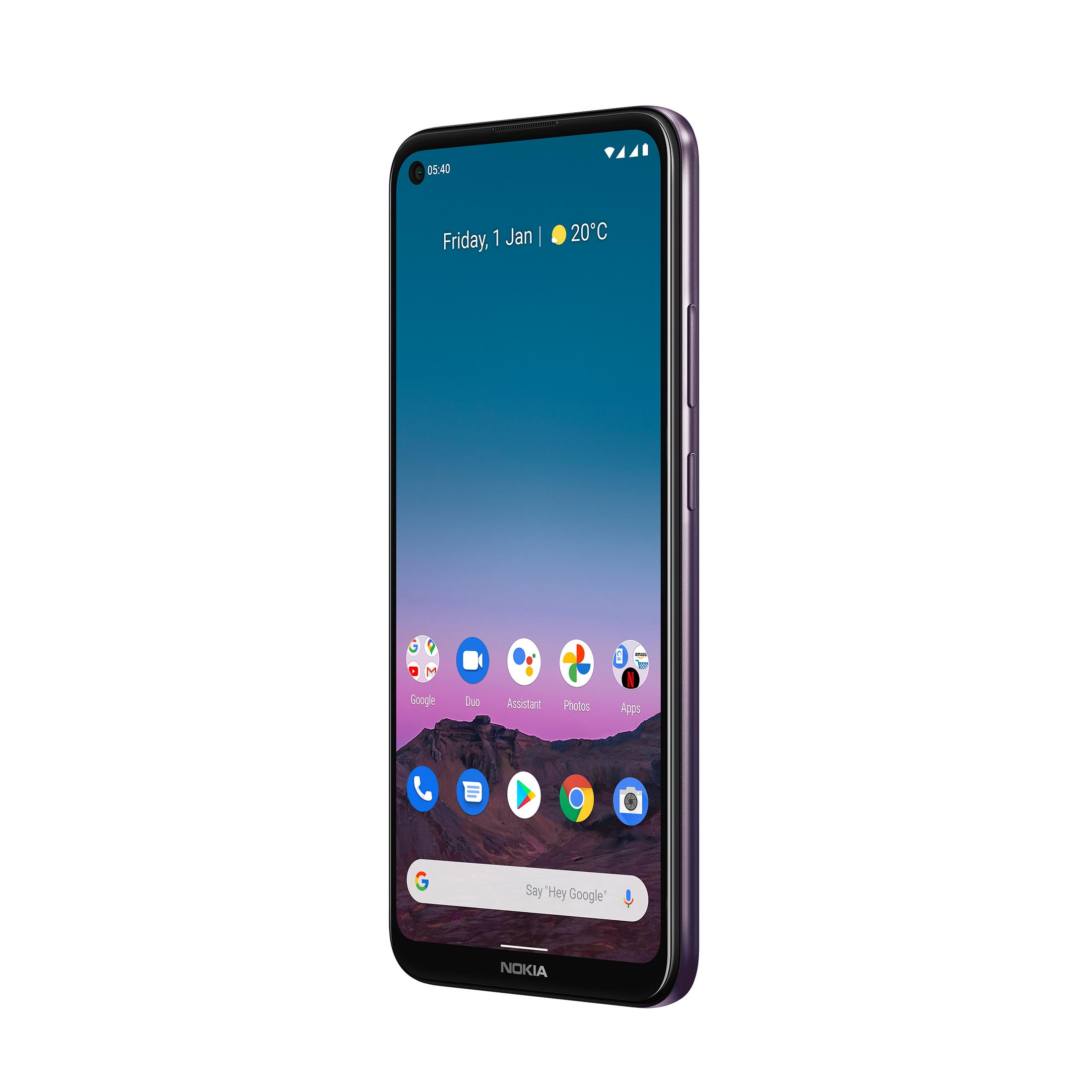 Ein schwarzes und lila Nokia-Smartphone. Der Bildschirm zeigt einen Startbildschirm mit App-Symbolen.