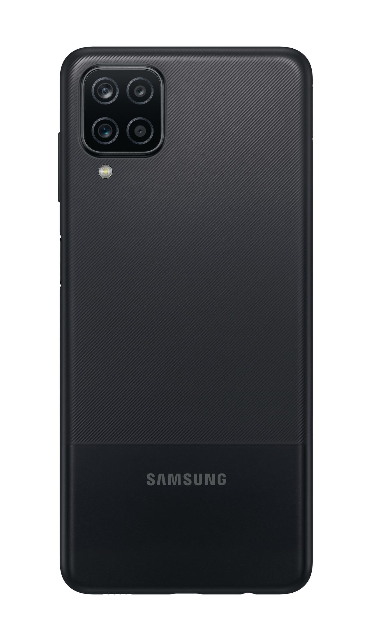 Czarny tył telefonu Samsung z aparatami. Teksturowany wzór i logo Samsung. Białe tło.