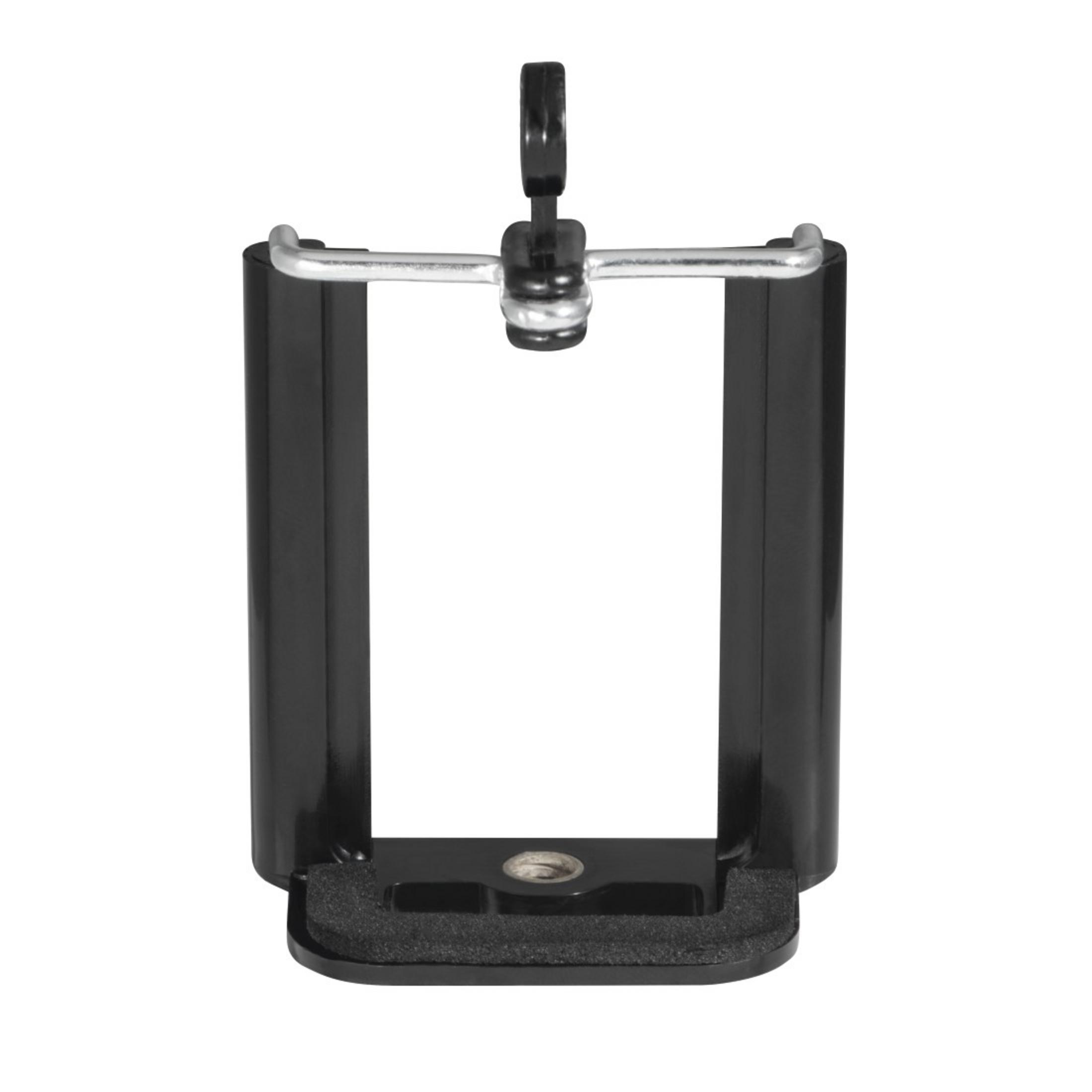 Czarny uchwyt do telefonu do montażu. Ma otwór na śrubę na dole.