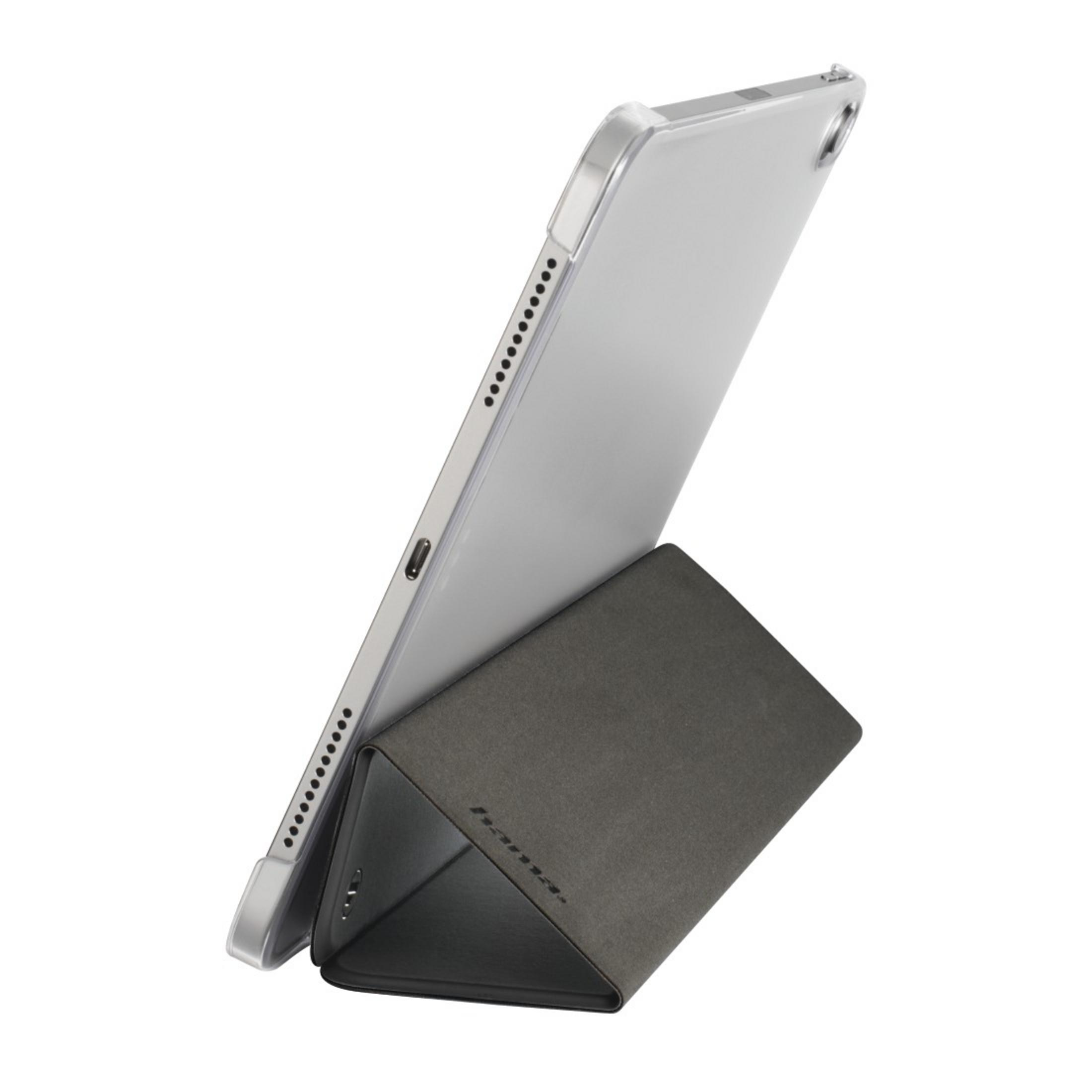 Ein Tablet in einer transparenten Hülle, das auf einem dreieckigen Ständer ruht.
