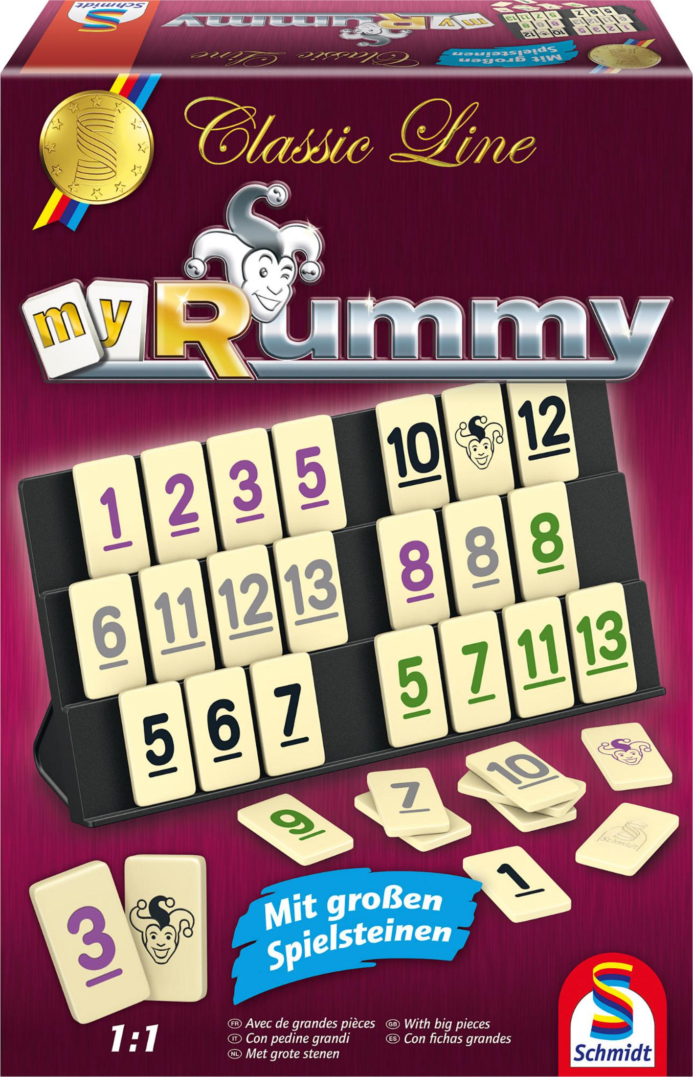 Een bordspeldoos met tegels op een standaard. De titel is 'my Rummy'.