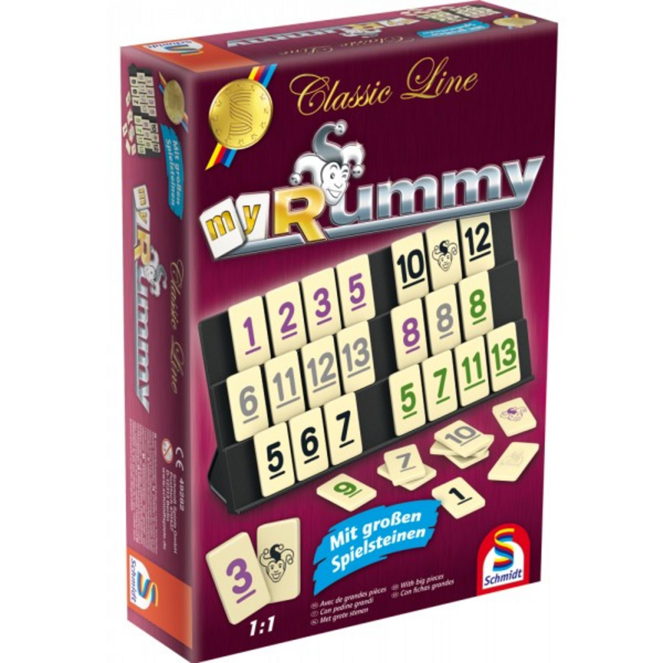 Een 'My Rummy' bordspeldoos met een spelbord en tegels.