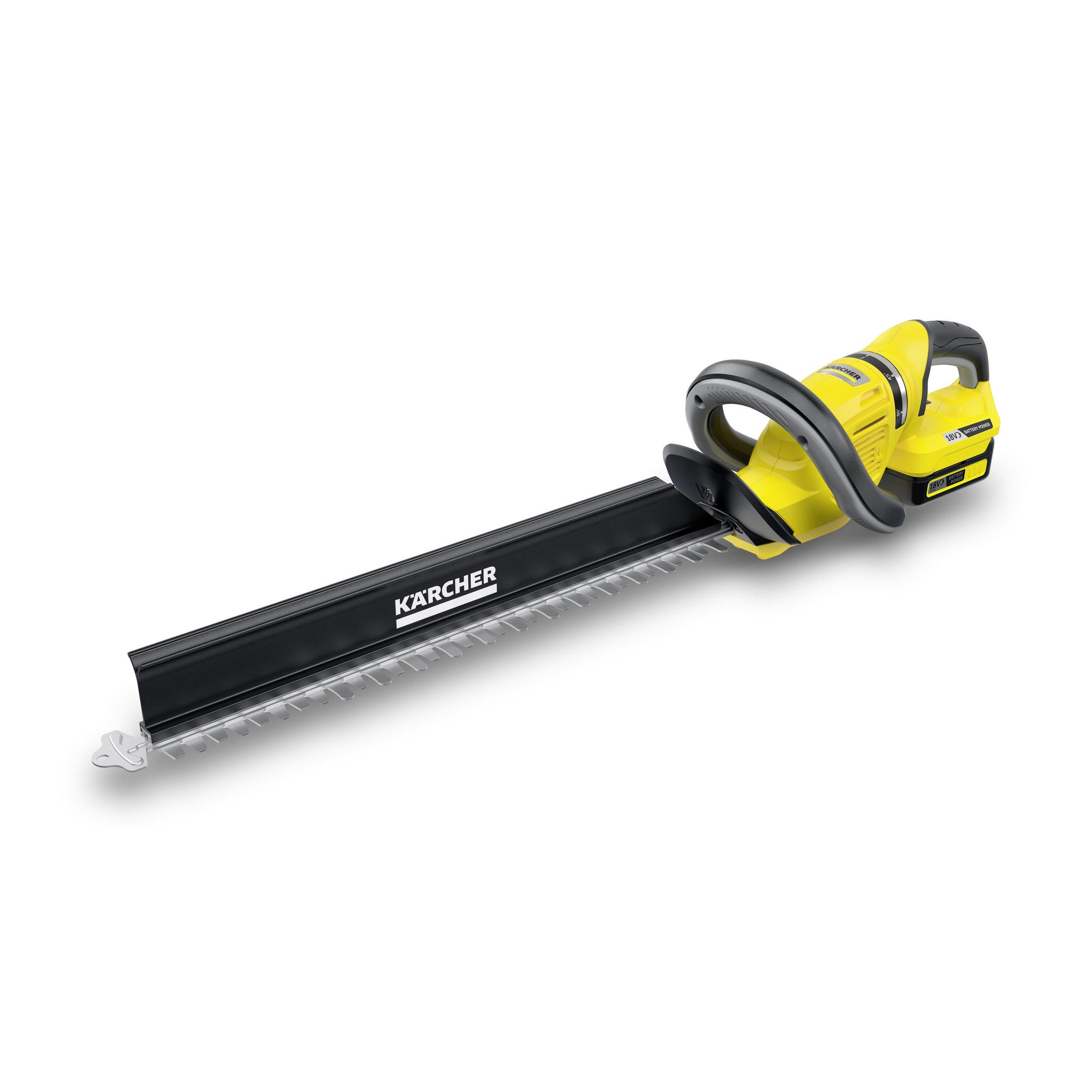 Żółto-czarne nożyce do żywopłotu Kärcher z długim ostrzem i czarnym uchwytem.