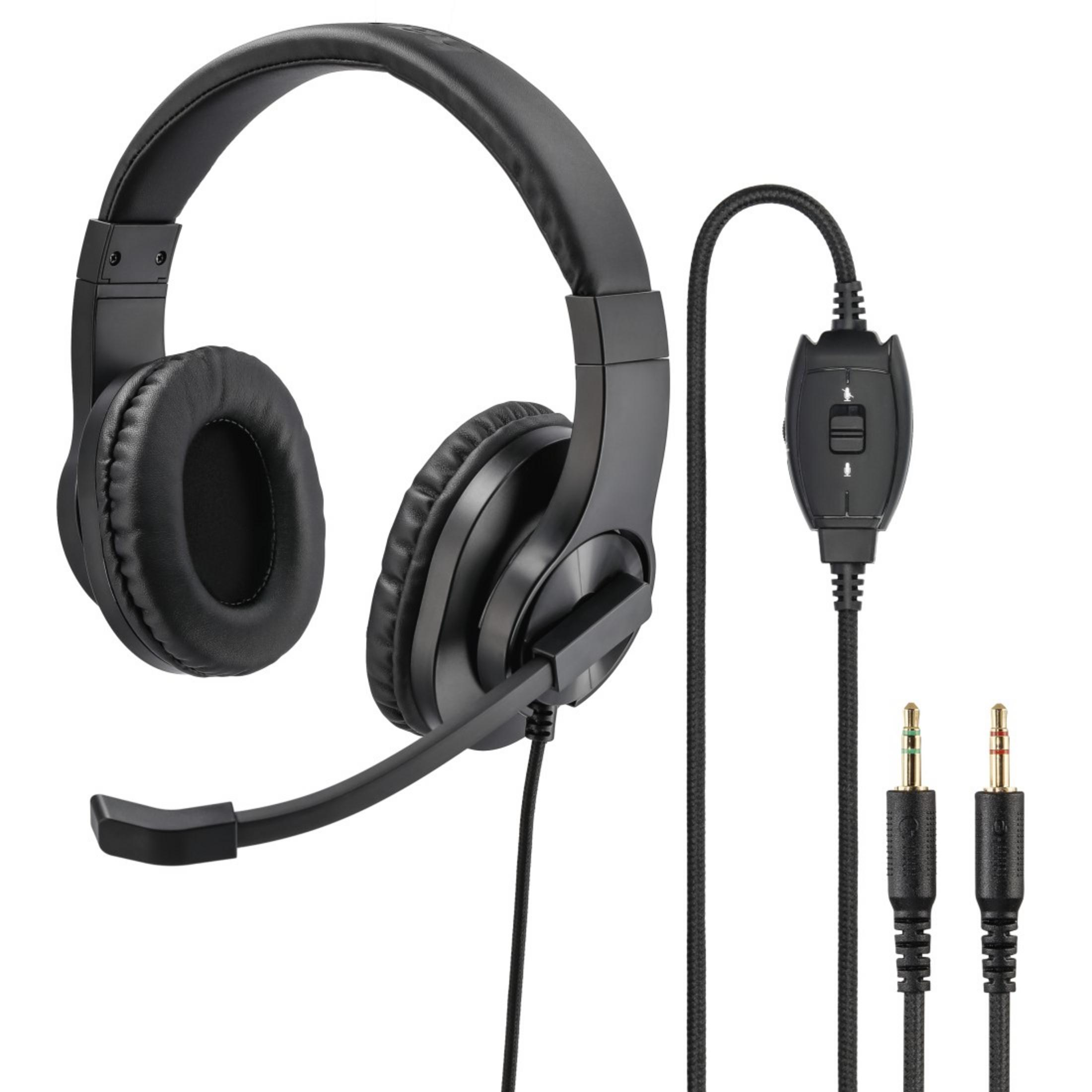Schwarze Kopfhörer mit Mikrofon und Lautstärkeregler. Kabel und Stecker sind sichtbar.