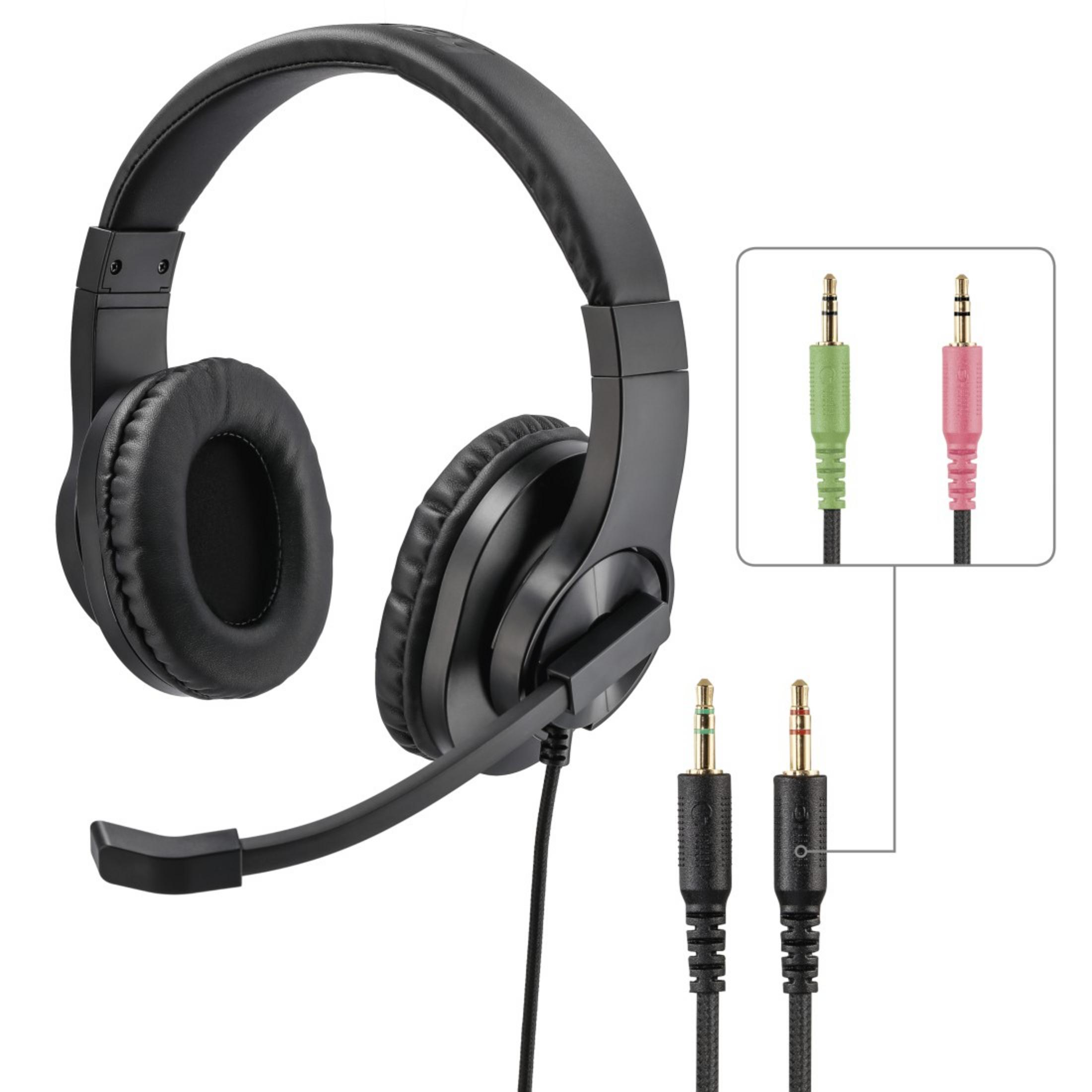 Schwarzes Headset mit Mikrofon und Anschlüssen. Stecker haben grüne und rosa oder grüne und rote Bänder.