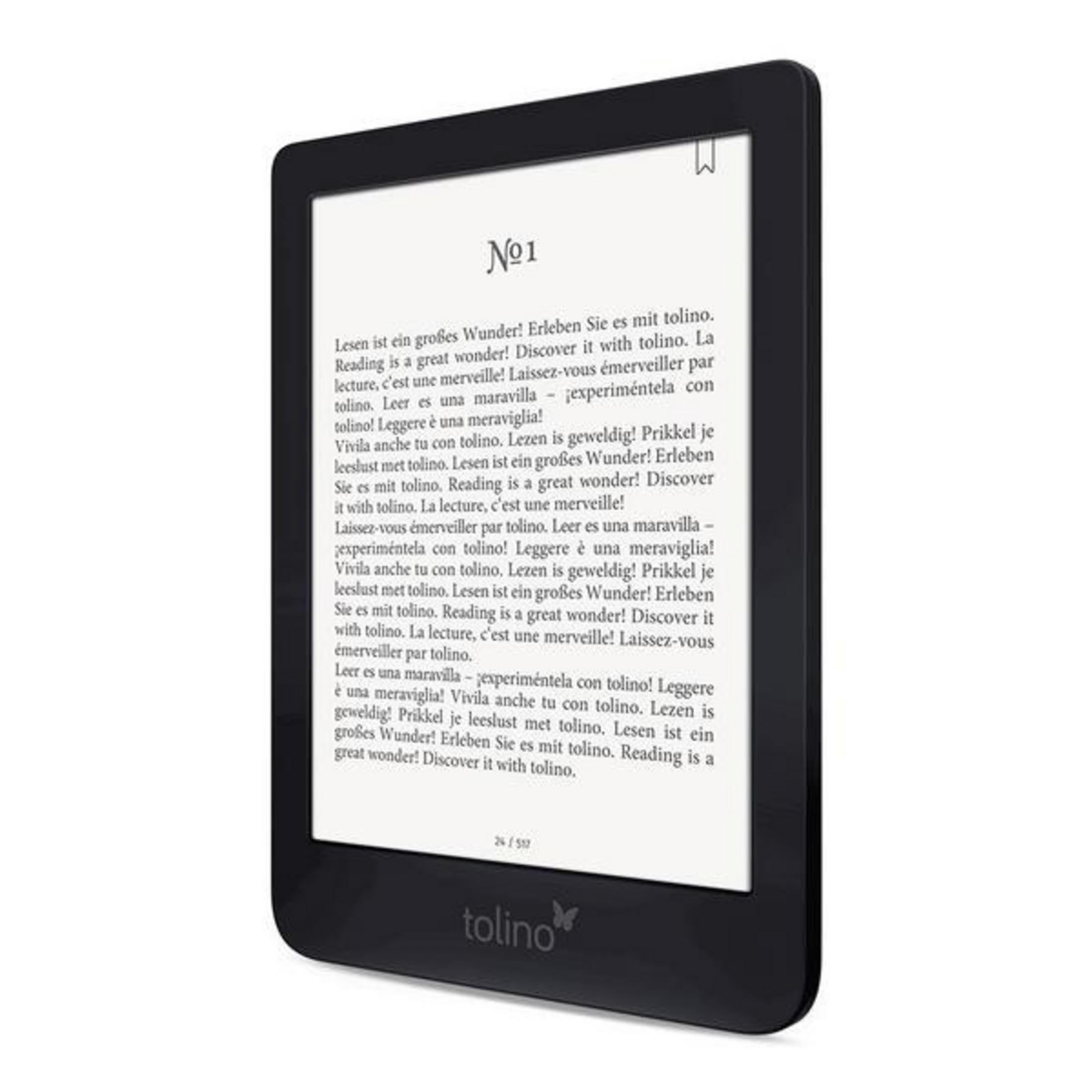 Ein schwarzer Tolino E-Reader zeigt Text in mehreren Sprachen an. Der Bildschirm ist vor weißem Hintergrund fokussiert.