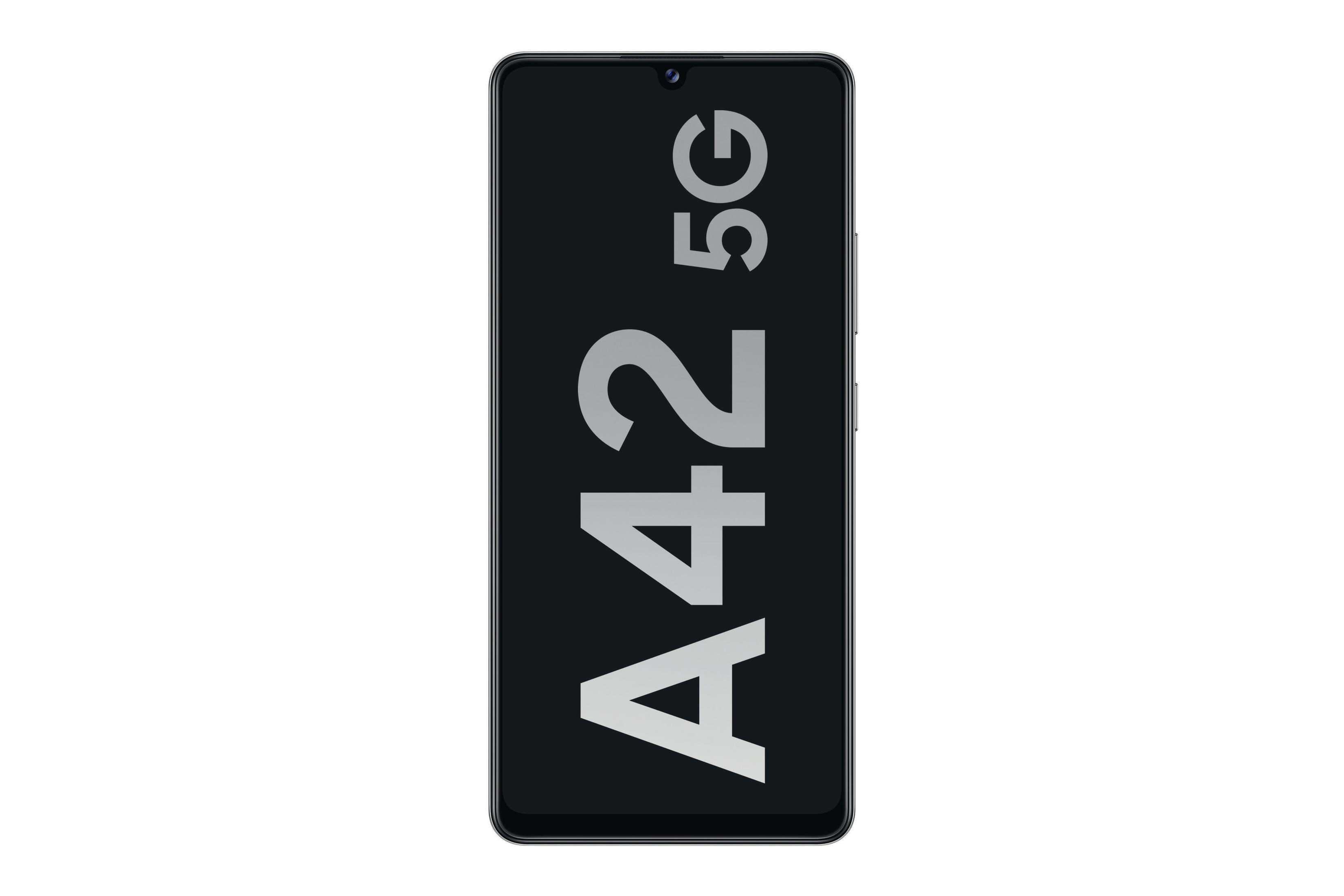 Teléfono inteligente negro con el texto A42 5G verticalmente en la pantalla.