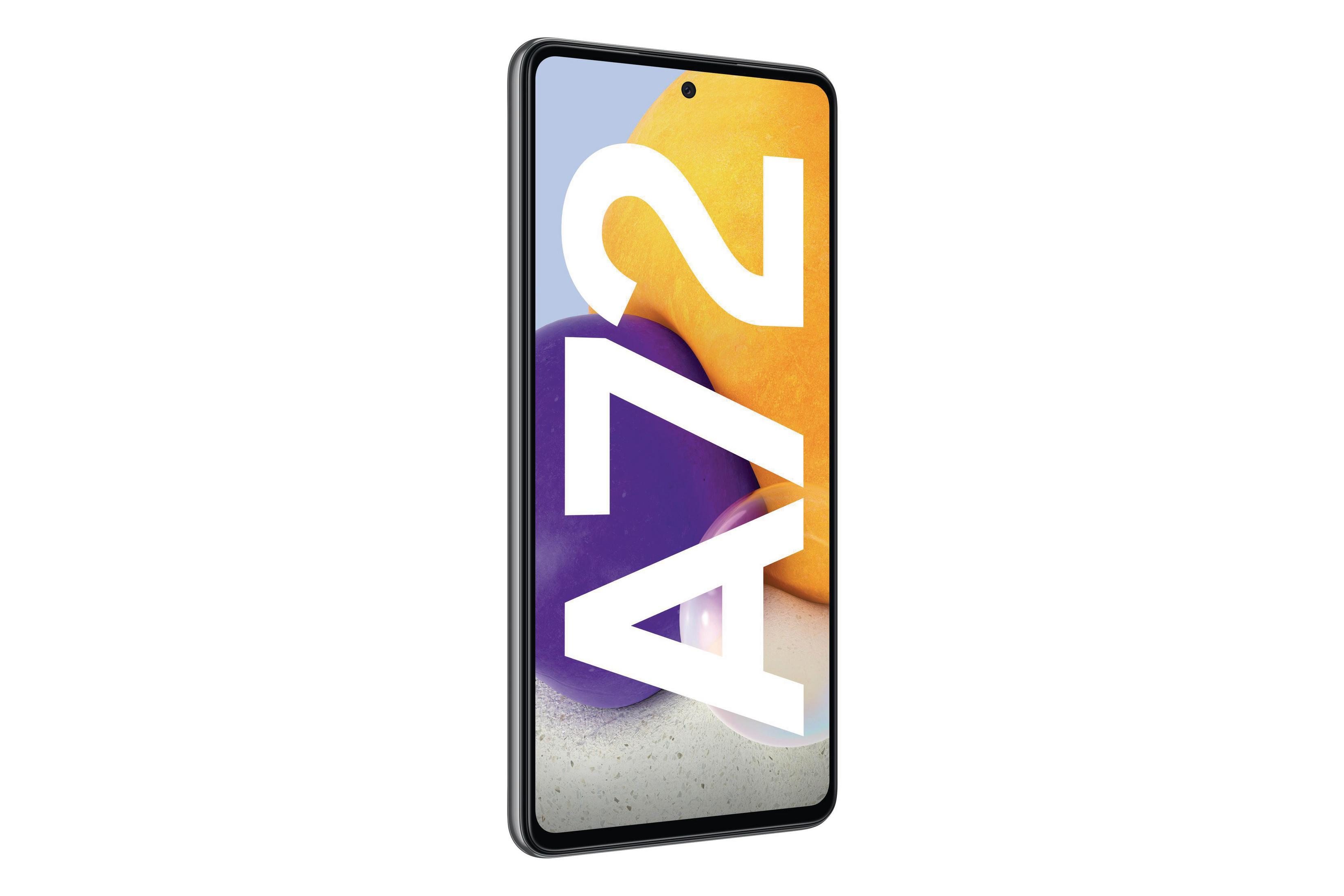 Telefon Samsung Galaxy A72, pionowo, pokazujący ekran z tekstem A72, na białym tle.