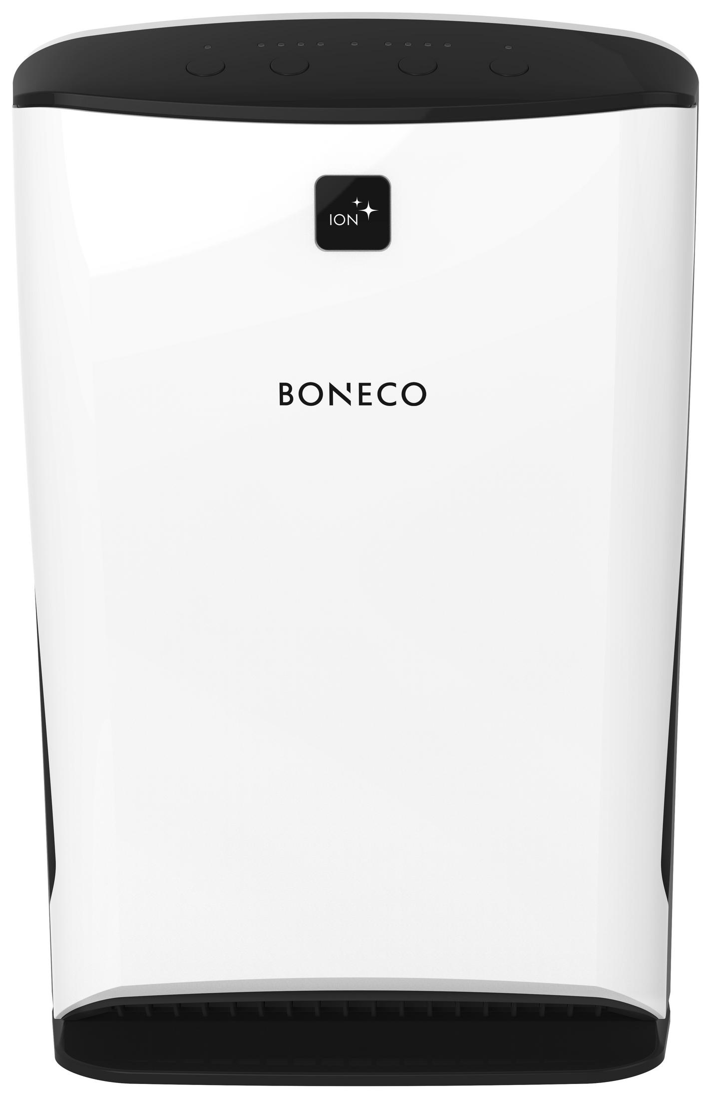 Un purificatore d'aria bianco con la parte superiore e inferiore nere. La parola BONECO è sul davanti. Un logo ionico è visibile.