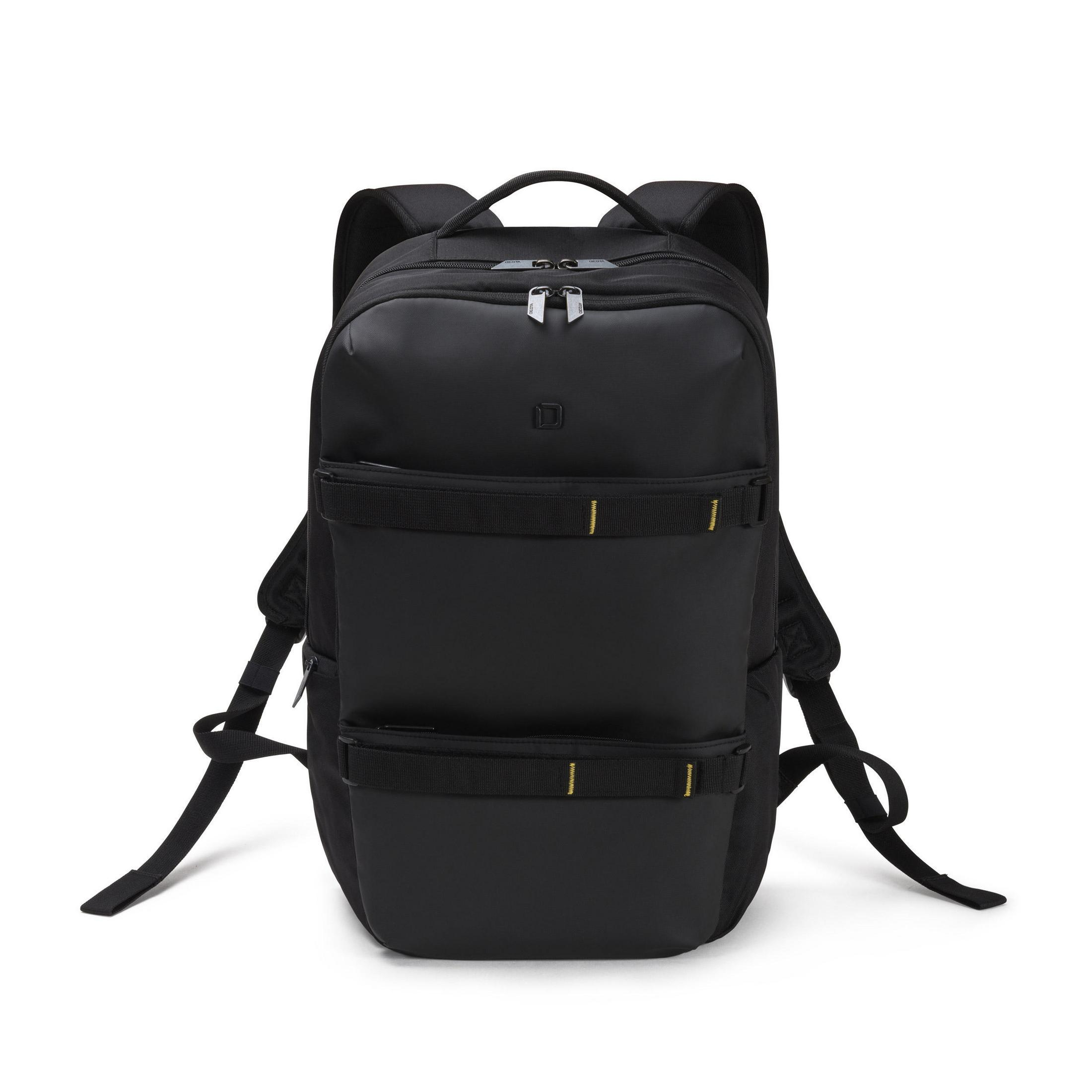 Zaino nero con scomparti multipli, spallacci regolabili e maniglia superiore. Sfondo bianco.