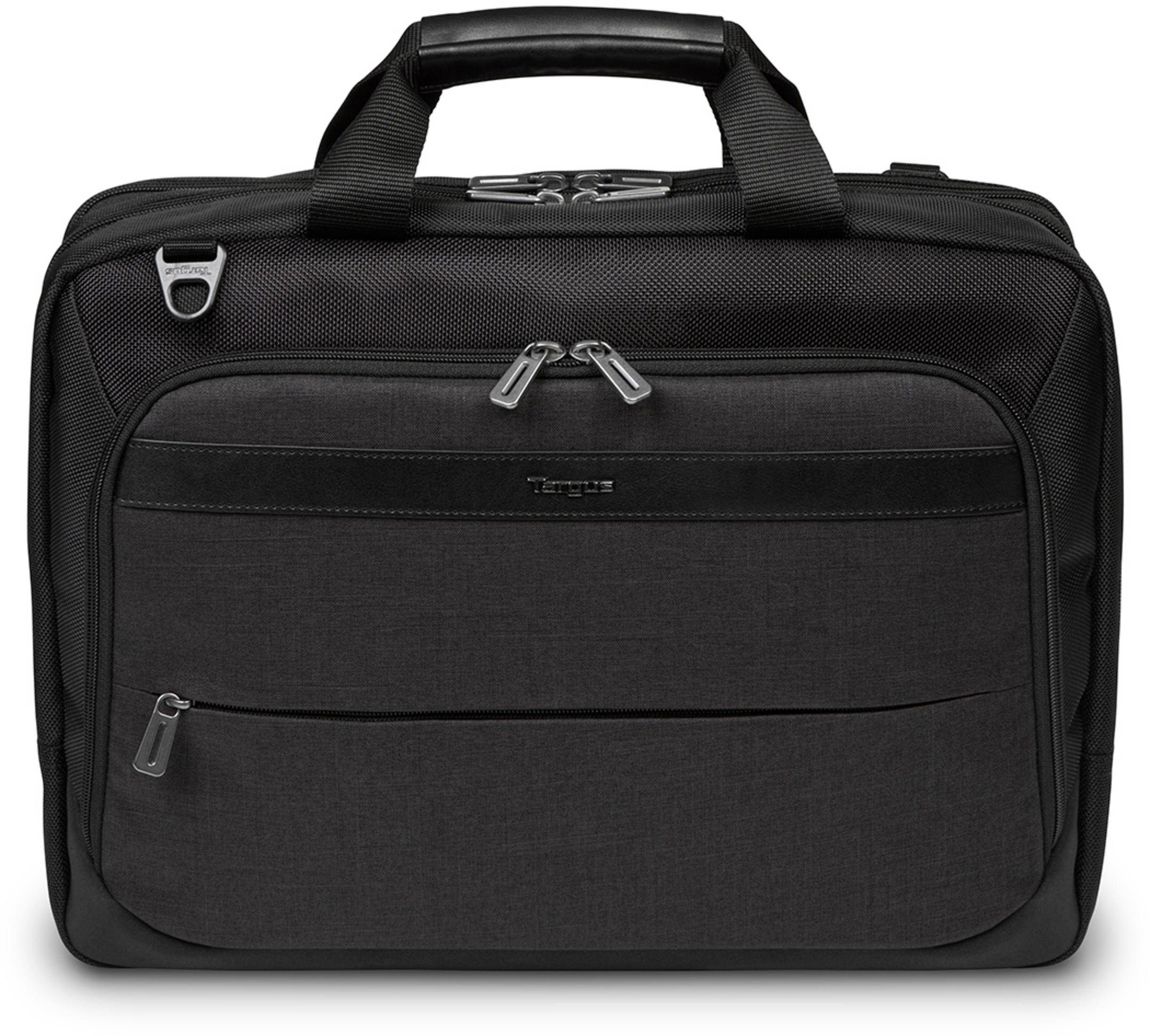 Borsa per laptop nera con più scomparti e cerniere argentate.