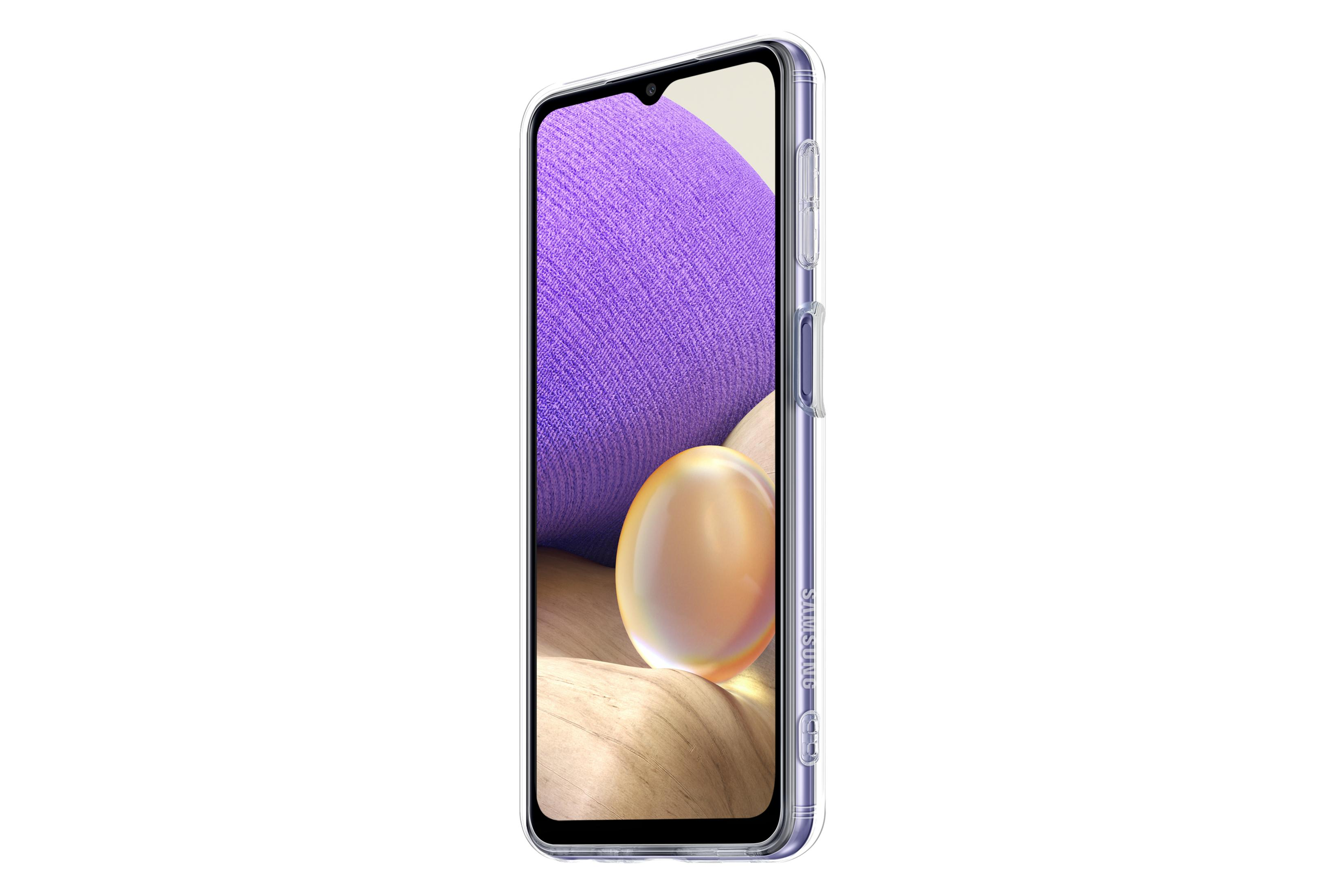 Ein Telefon in einer transparenten Hülle, das einen lila Hintergrund auf dem Bildschirm zeigt.