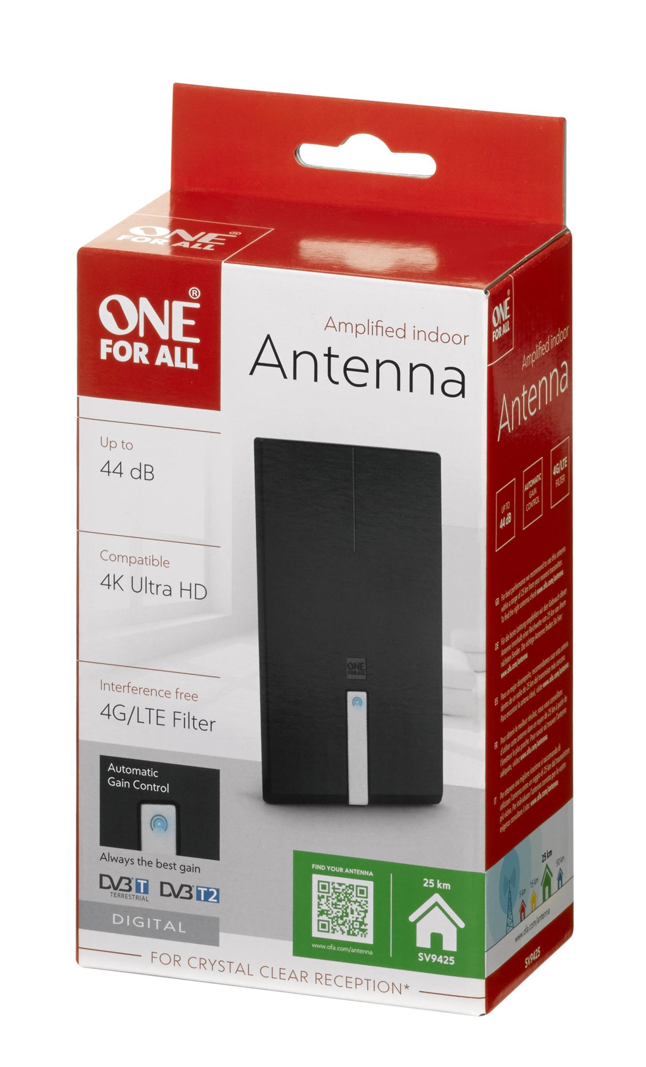 Caja de antena One For All con detalles del producto y código QR.