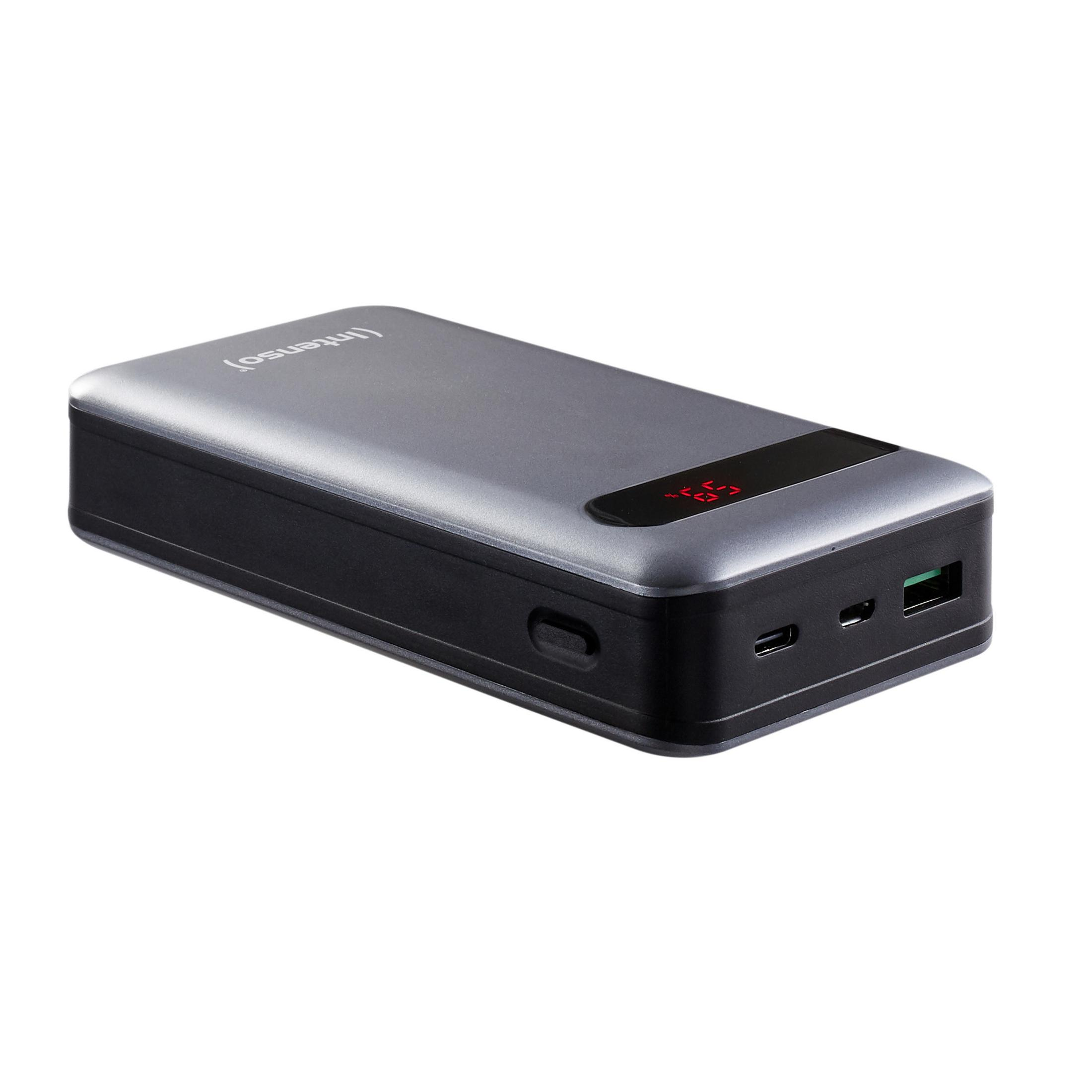 Grijze en zwarte powerbank met een rood LED-display, met een oplaadniveau, met poorten.