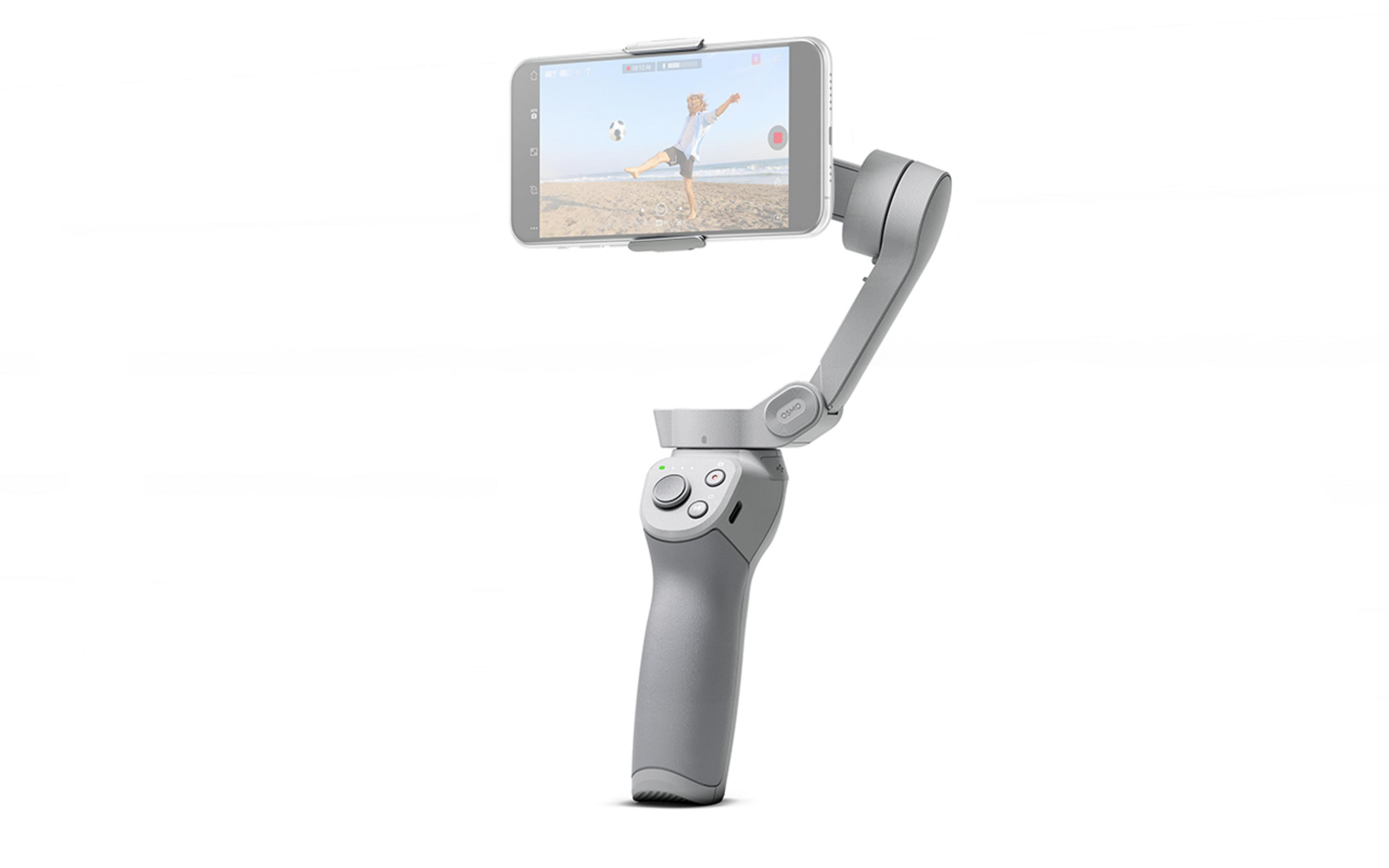 Grauer Telefonstabilisator mit Smartphone, das Video zeigt.