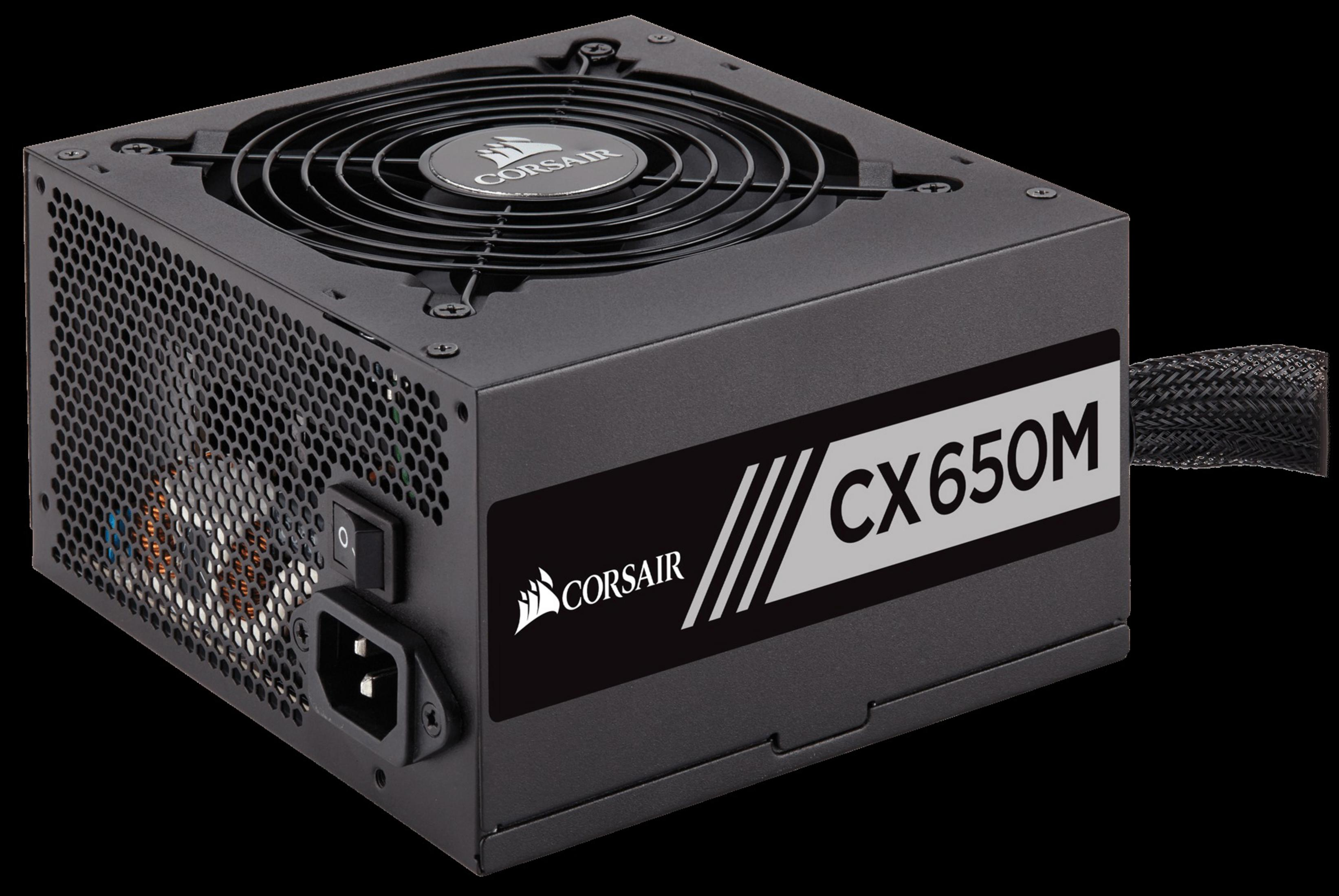 Schwarzes Corsair CX650M Netzteil mit Lüfter und Kabeln.
