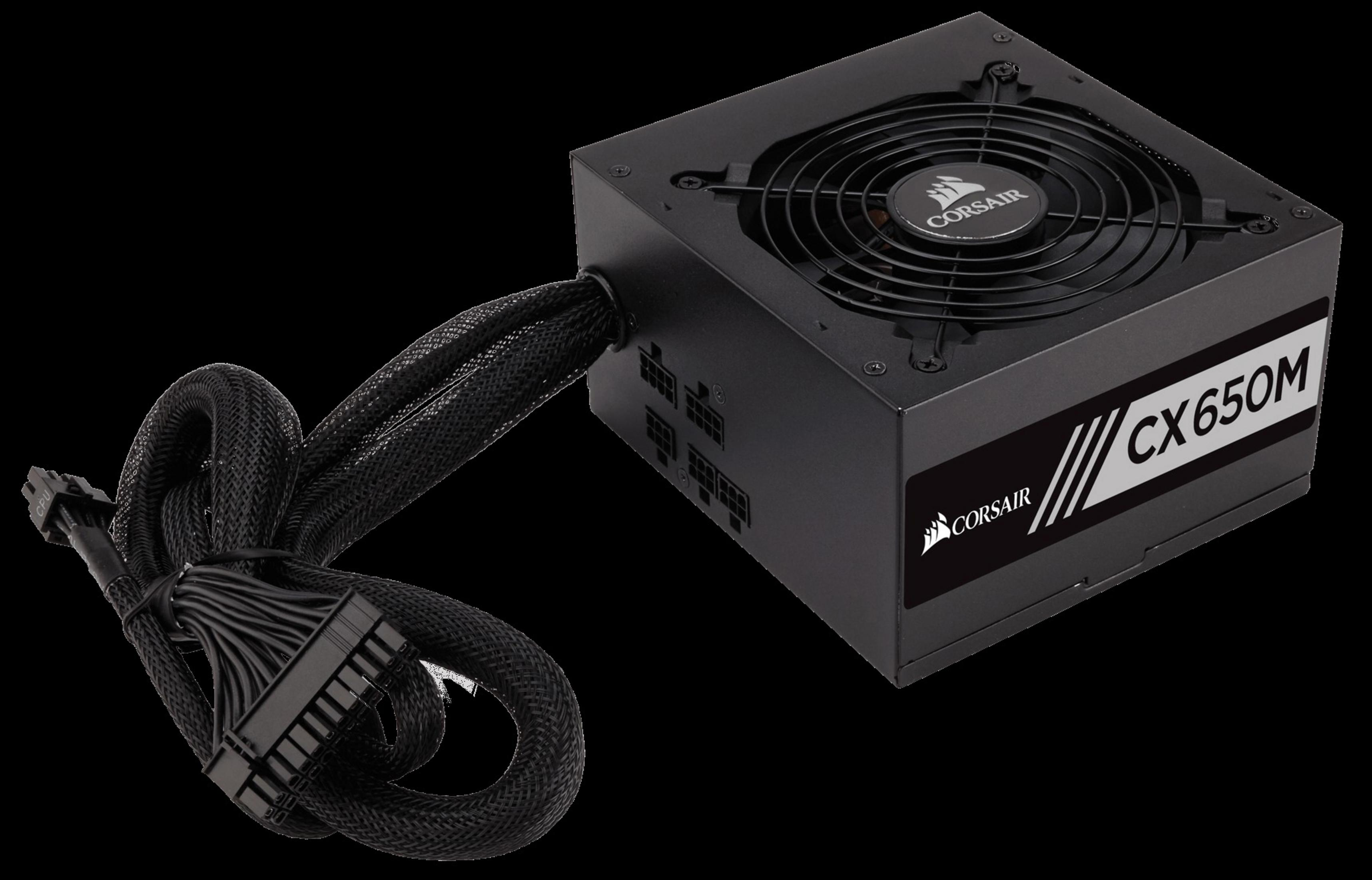 Ein schwarzes Computer-Netzteil mit Lüfter, Kabeln und dem Corsair-Logo.