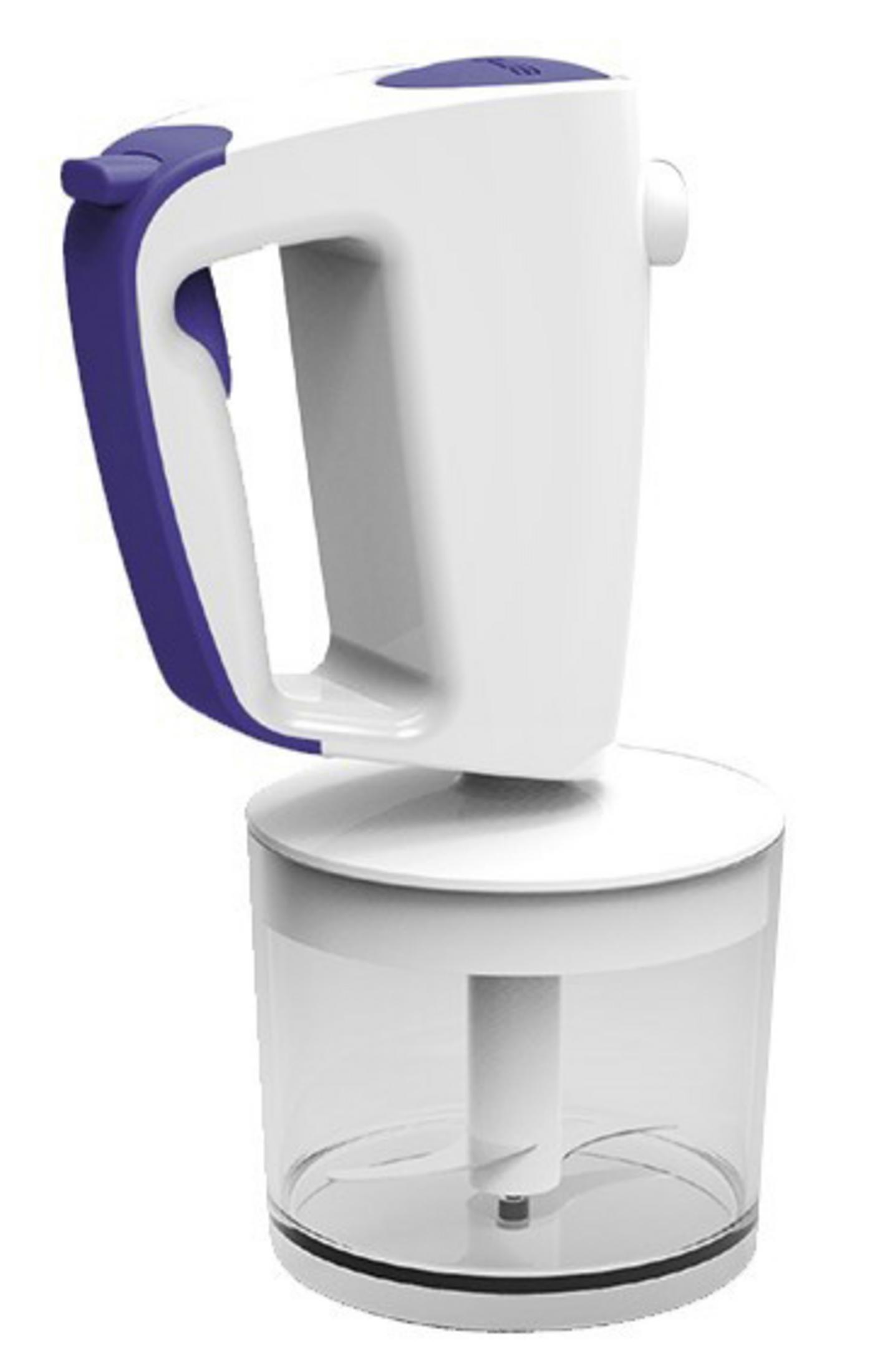 Ein weiß-violetter Handmixer mit einem transparenten Behälter darunter. Er steht aufrecht.