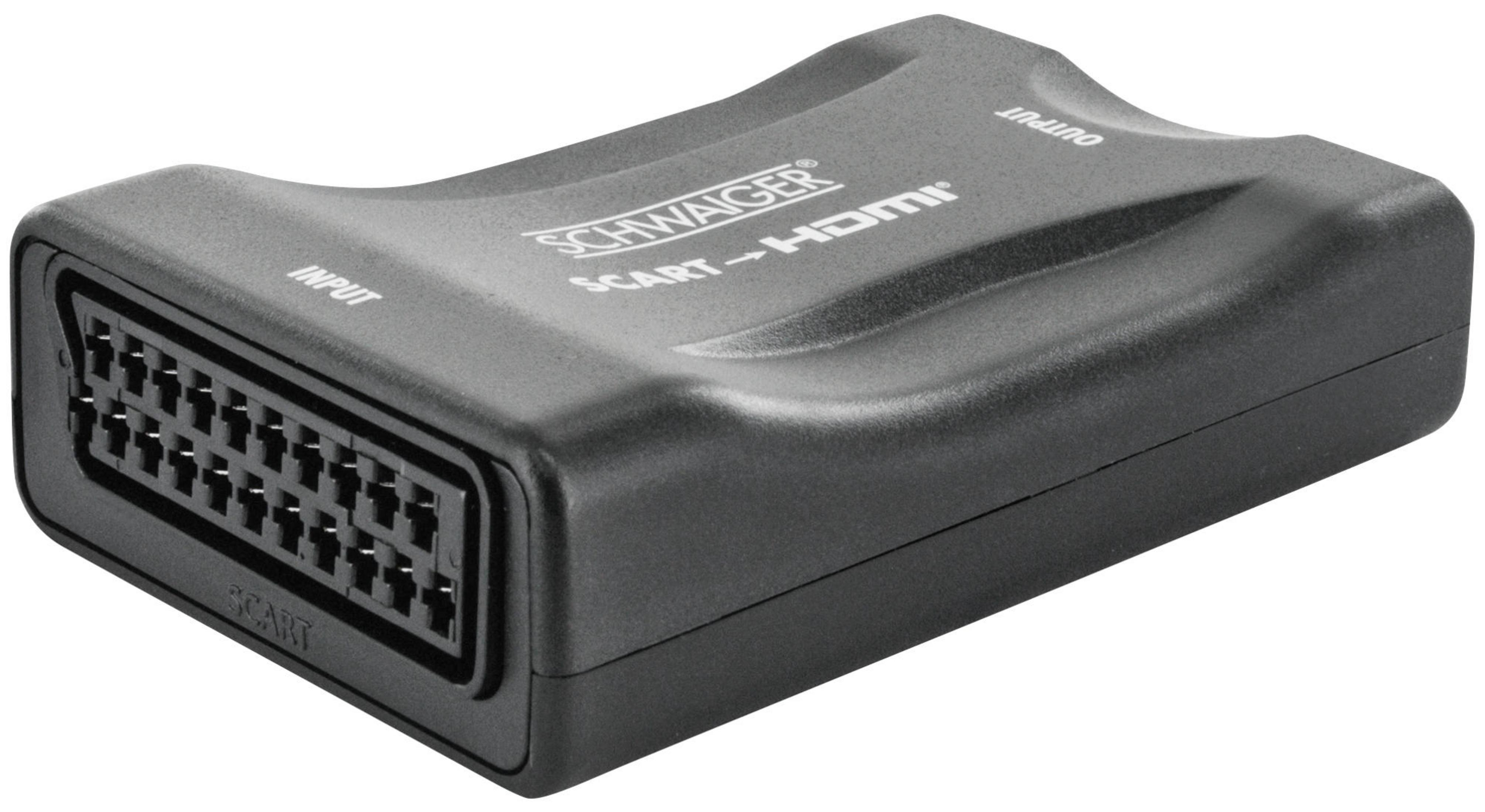 Ein schwarzer SCART-zu-HDMI-Adapter mit beschriftetem Eingang und Ausgang von SCHWAIGER.