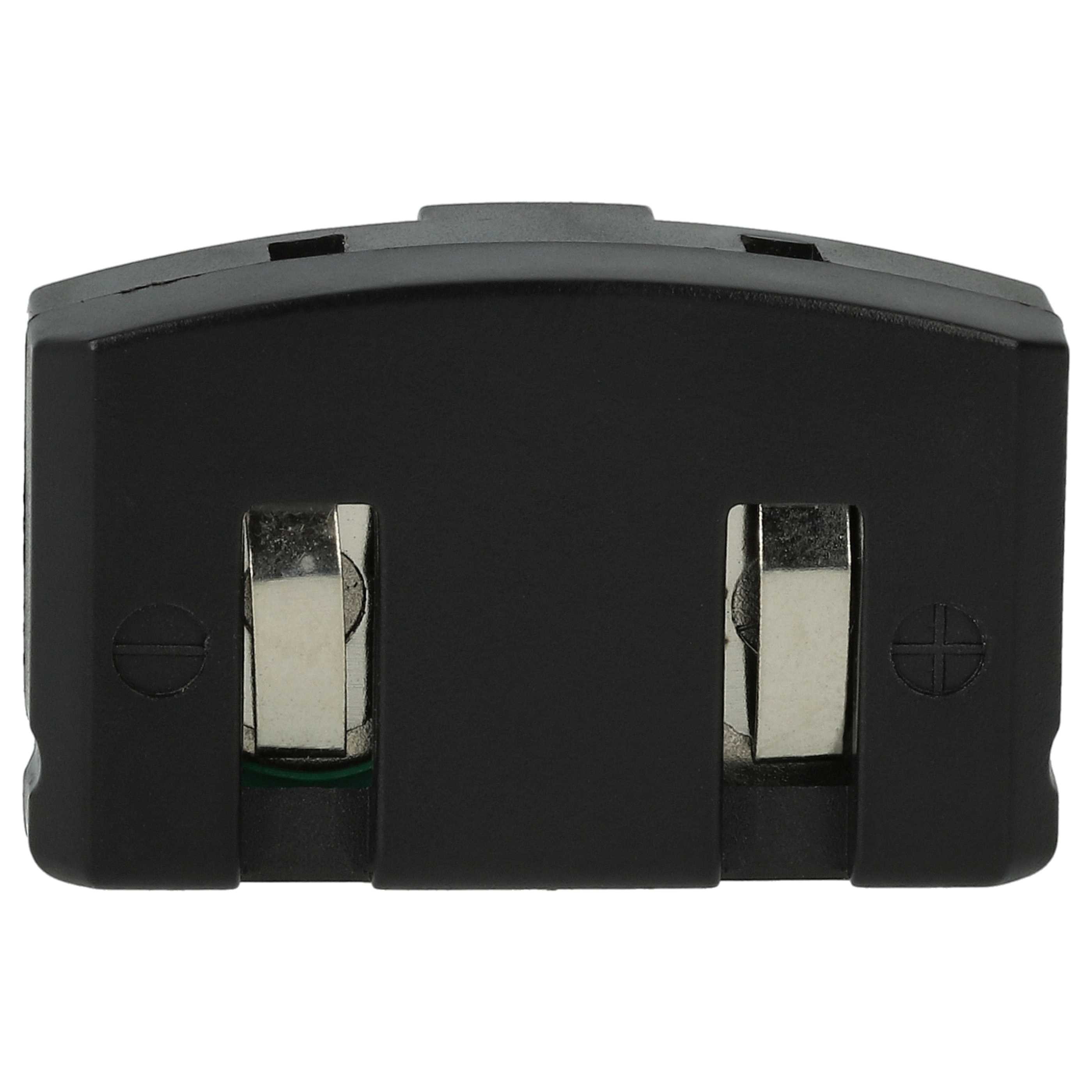 Ein schwarzer Batteriehalter. Er hat zwei Schlitze für Batterien und Metallkontakte.