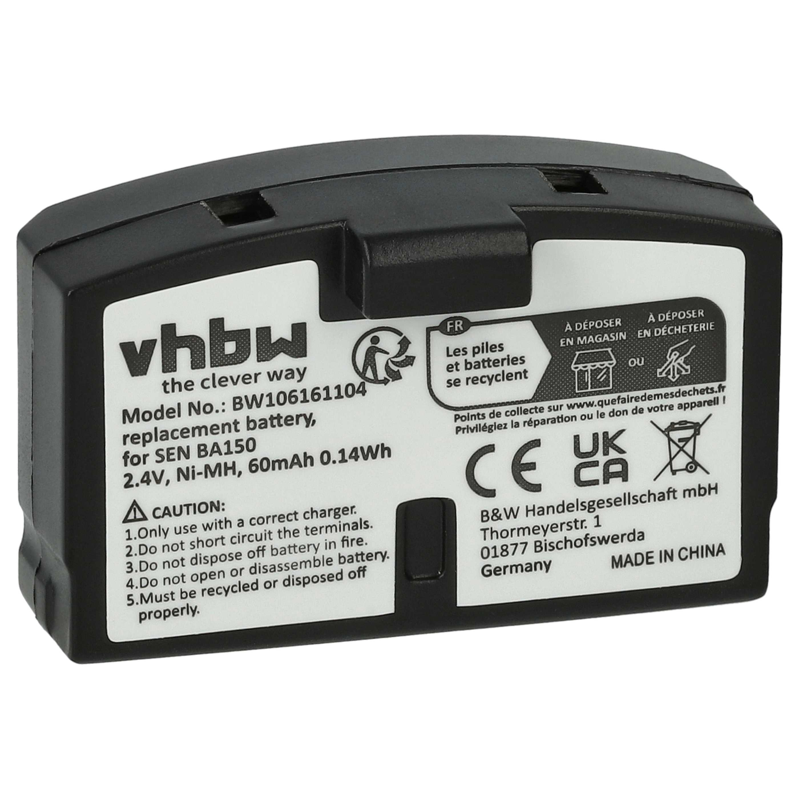 Schwarzer Ersatzakku mit Text. Die Batterie hat Warnhinweise und CE-Kennzeichen.