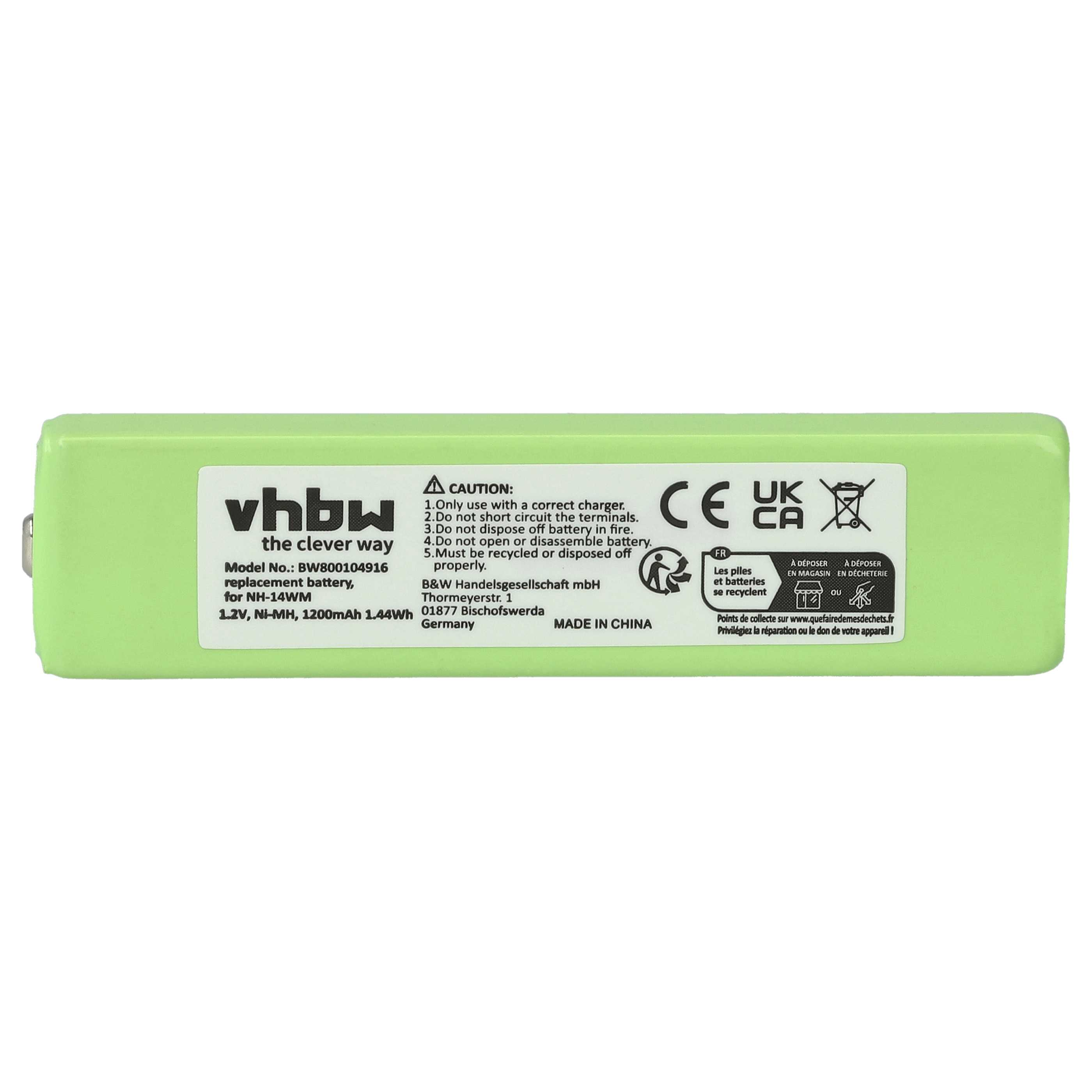 Eine grüne Batterie für einen Staubsauger mit Text und Warnhinweisen.