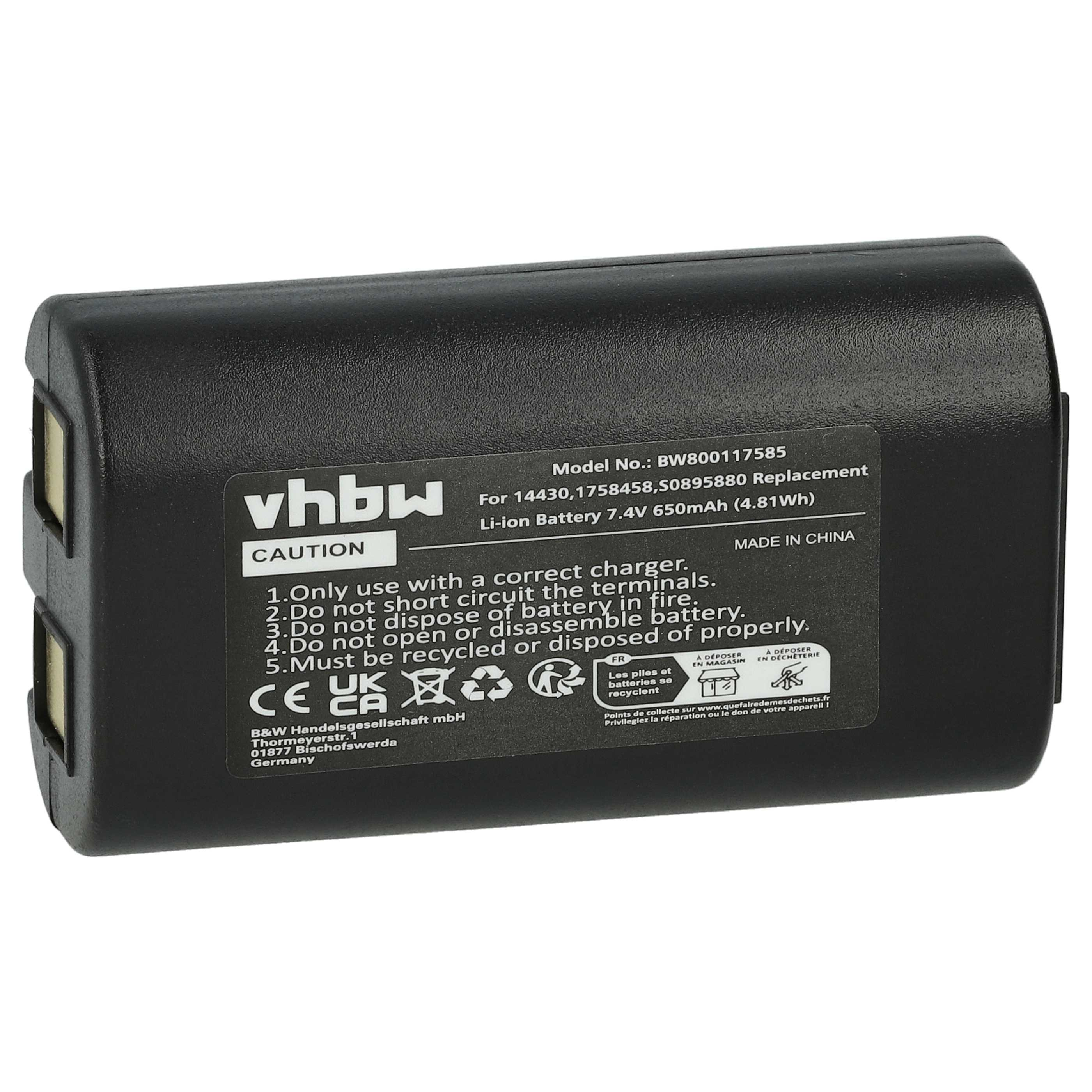 Schwarze Batterie mit weißem Etikett. Es hat Text und Symbole auf dem Etikett.
